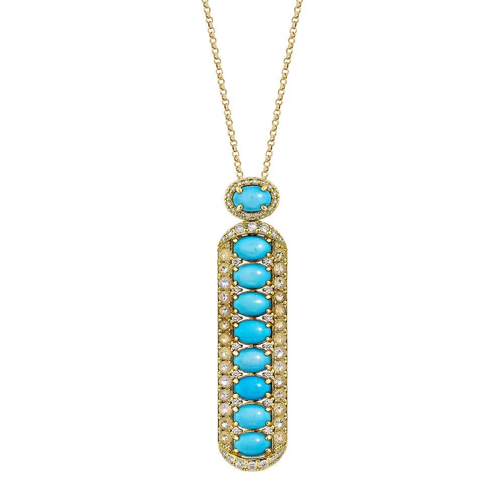 Sunita Nahata presents a one-of-a-kind set of turquoise pendant, each set in a traditional oval cut. This pendant exemplifies the style and elegance that modern women wish to display, with the stones set in a single, straight line. Crafted in yellow