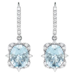 4.16 Carat Aquamarine Drop Earrings in 18 Karat White Gold with Diamond.