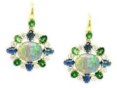 Australian Opal, Tsavorite Garnet, Sapphire and Diamond Dangle Earrings