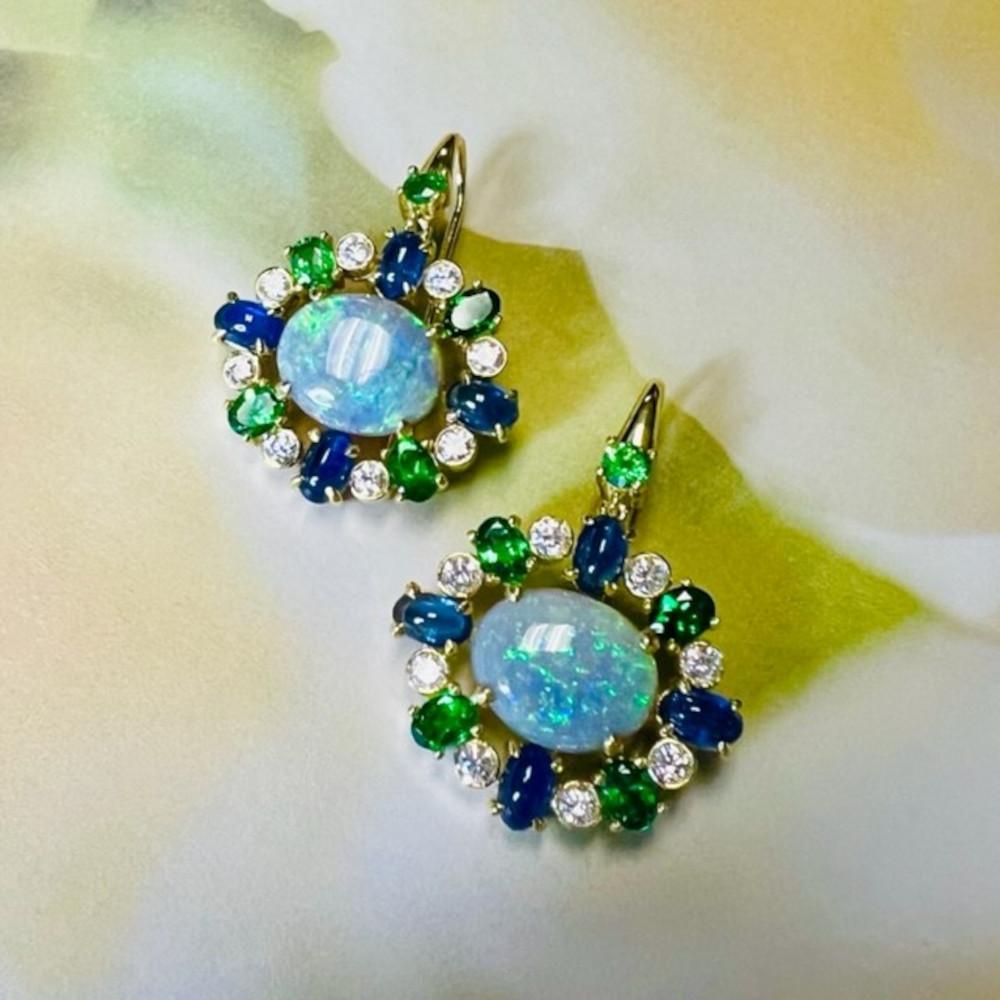 Artisan  Australian Opal, Tsavorite Garnet, Sapphire and Diamond Dangle Earrings  For Sale