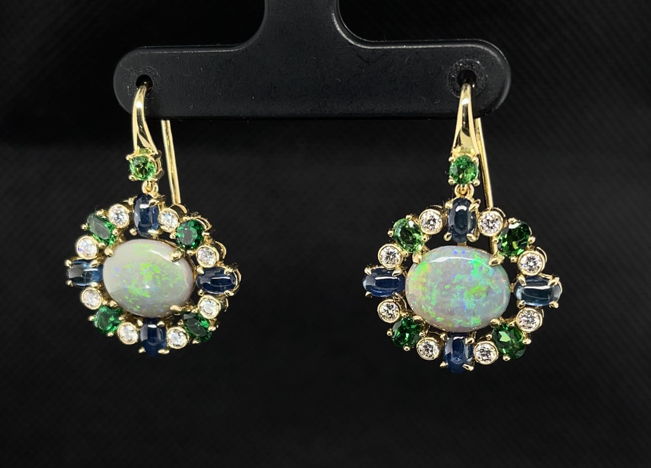 Cabochon  Australian Opal, Tsavorite Garnet, Sapphire and Diamond Dangle Earrings  For Sale