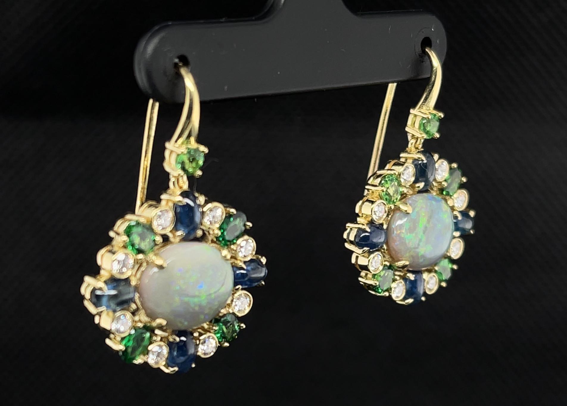  Australian Opal, Tsavorite Garnet, Sapphire and Diamond Dangle Earrings  In New Condition For Sale In Los Angeles, CA