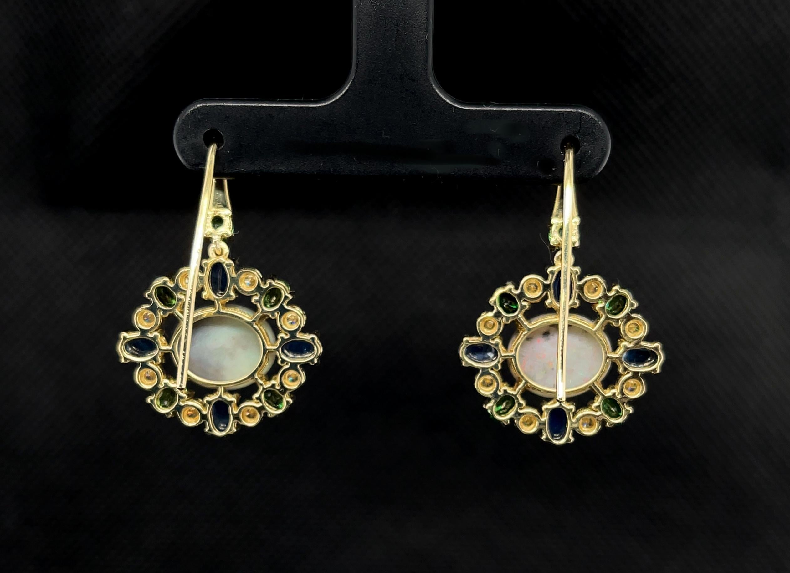 Women's  Australian Opal, Tsavorite Garnet, Sapphire and Diamond Dangle Earrings  For Sale