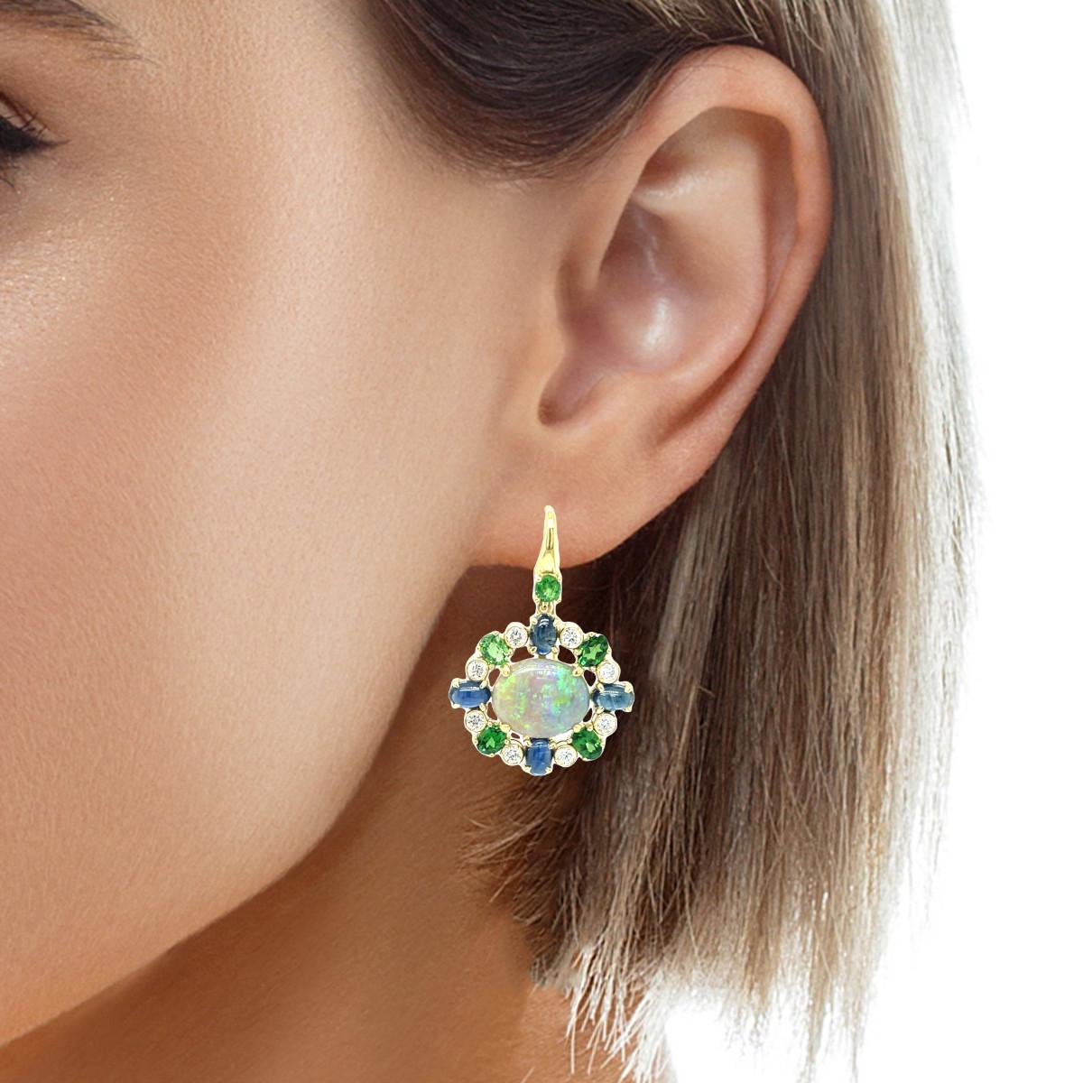  Australian Opal, Tsavorite Garnet, Sapphire and Diamond Dangle Earrings  For Sale 2