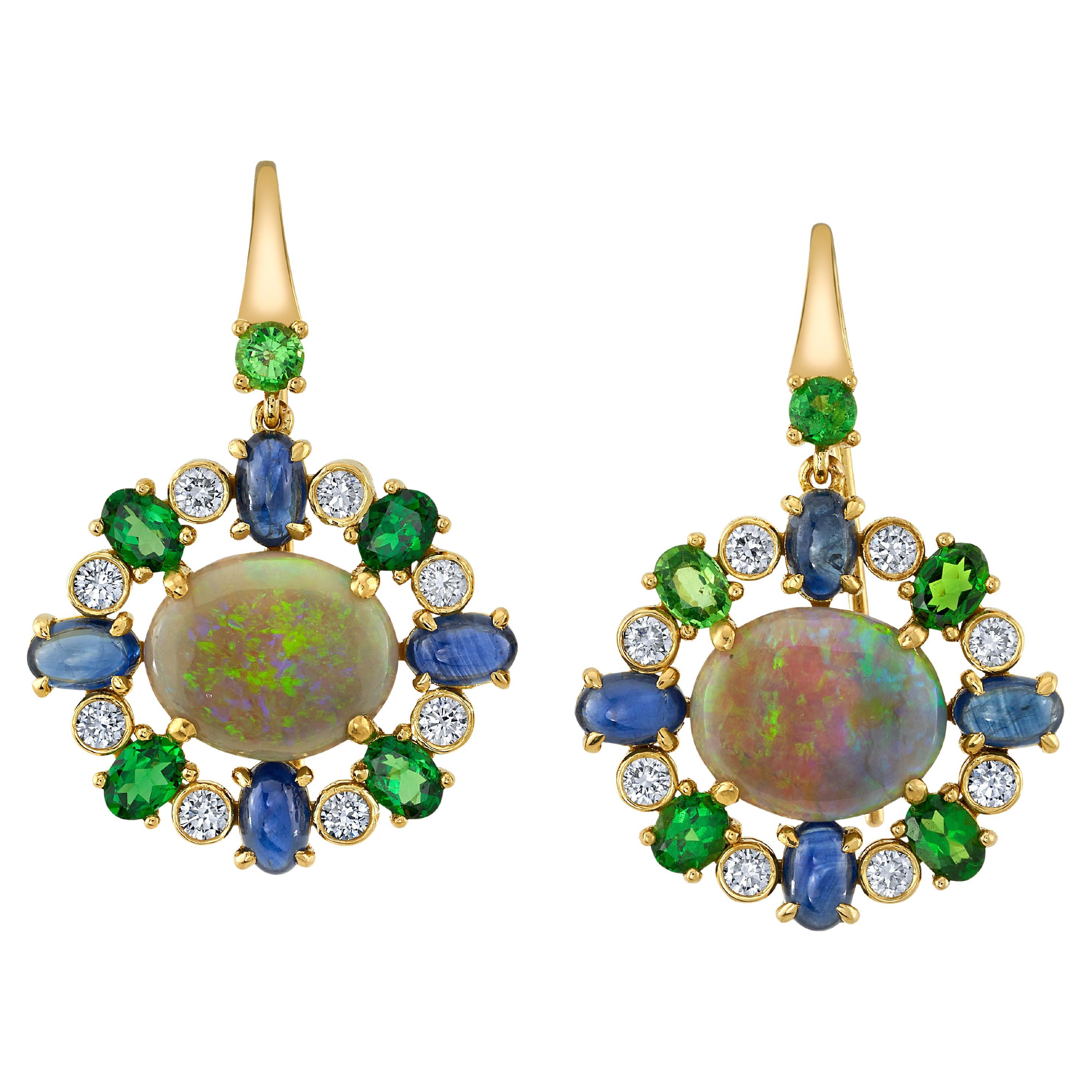 Australian Opal, Tsavorite Garnet, Sapphire and Diamond Dangle Earrings