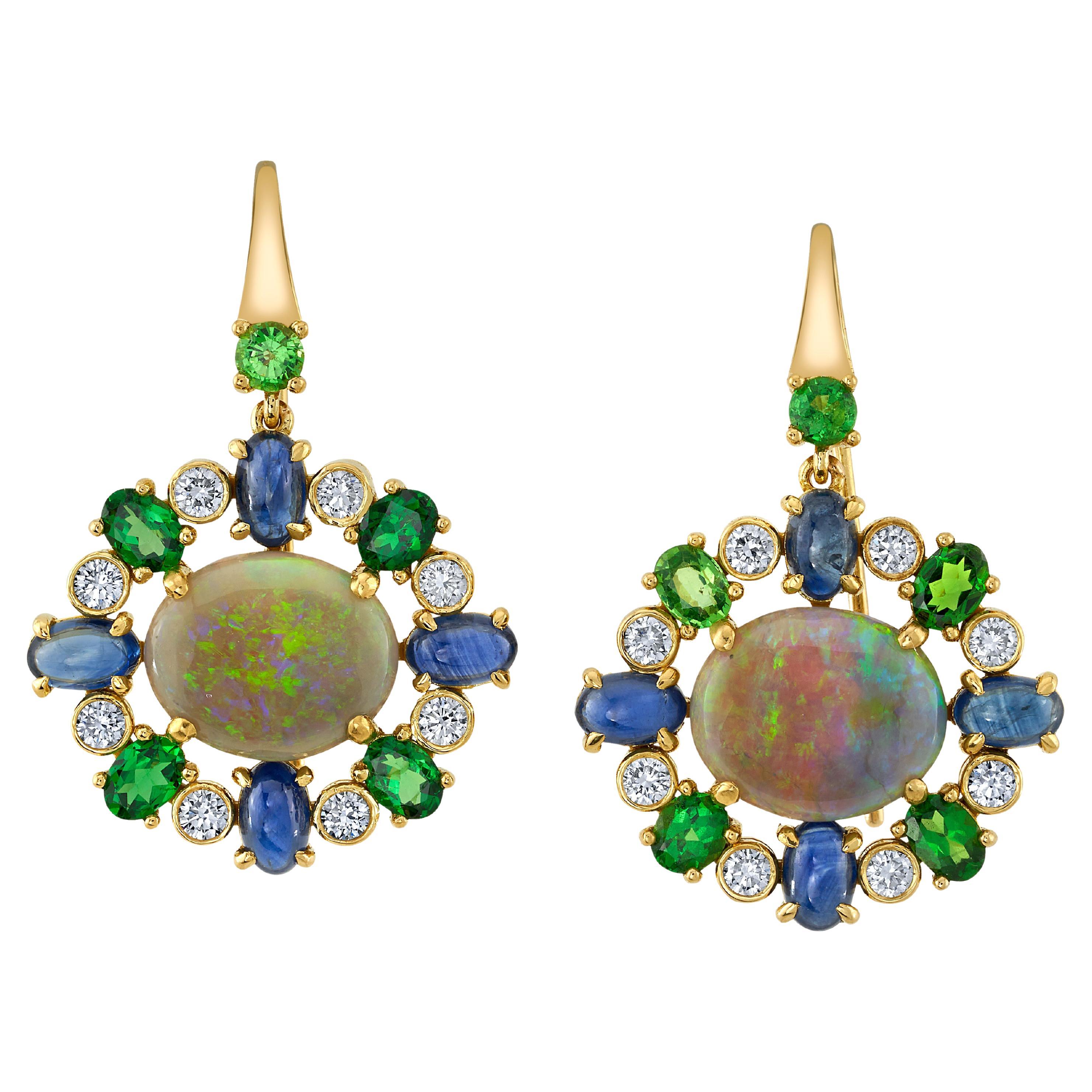  Australian Opal, Tsavorite Garnet, Sapphire and Diamond Dangle Earrings 