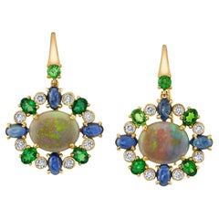 4.16 Carat Australian Opal, Green Garnet, Sapphire, Diamond Drop Earrings