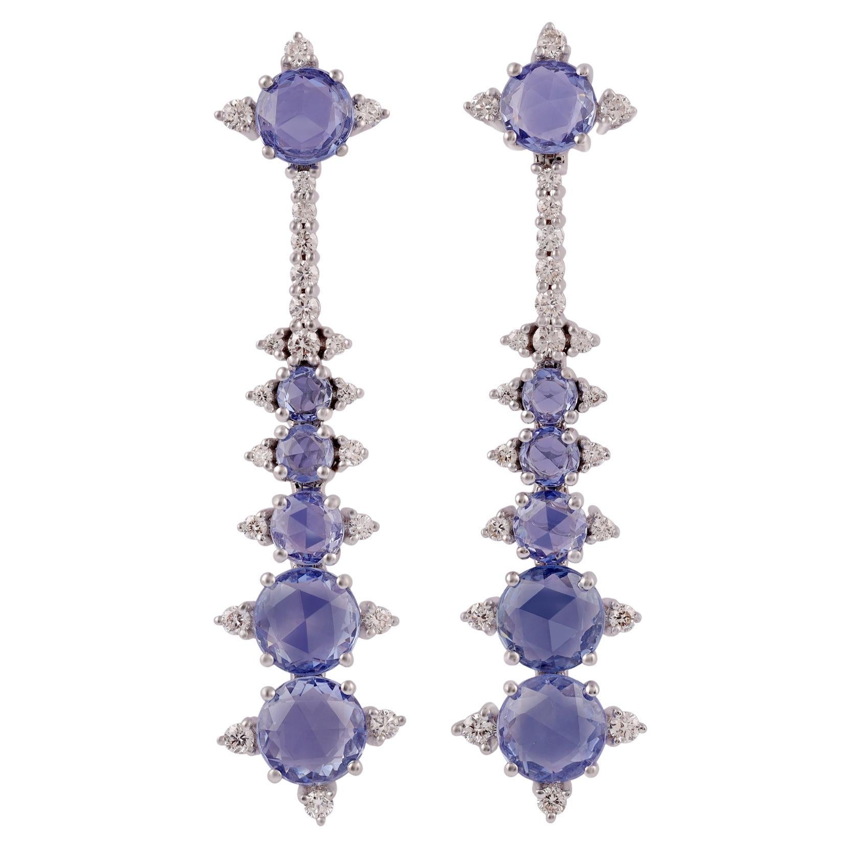 4.16 Carat Clear Blue Sapphire and Diamond Long Earring in 18 Karat White Gold For Sale