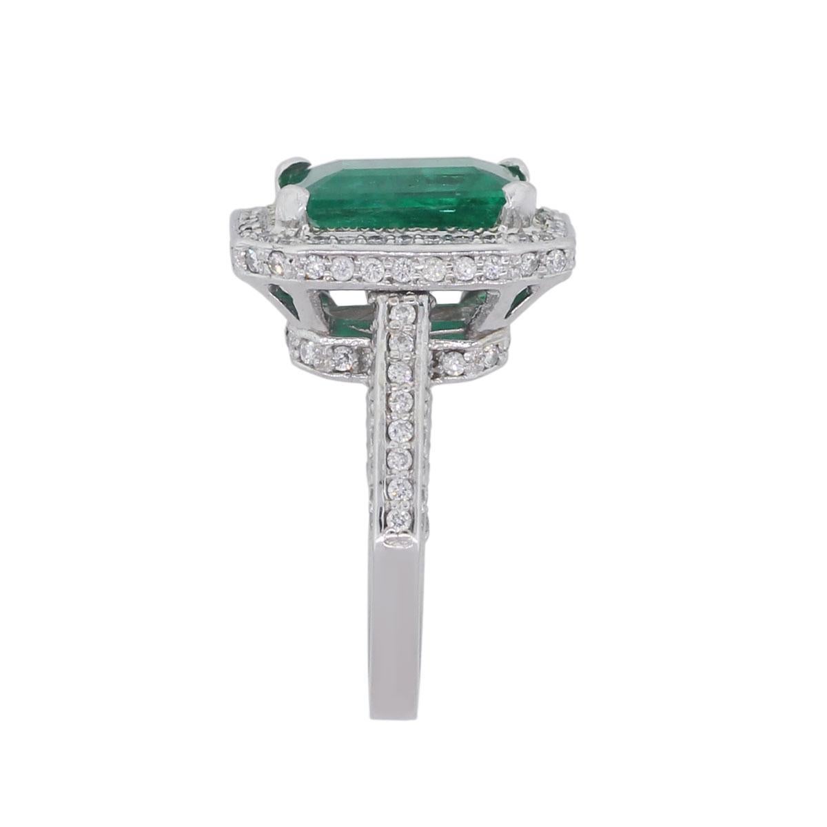 Emerald Cut 4.16 Carat Emerald and Round Brilliant Diamond Pave Engagement Ring