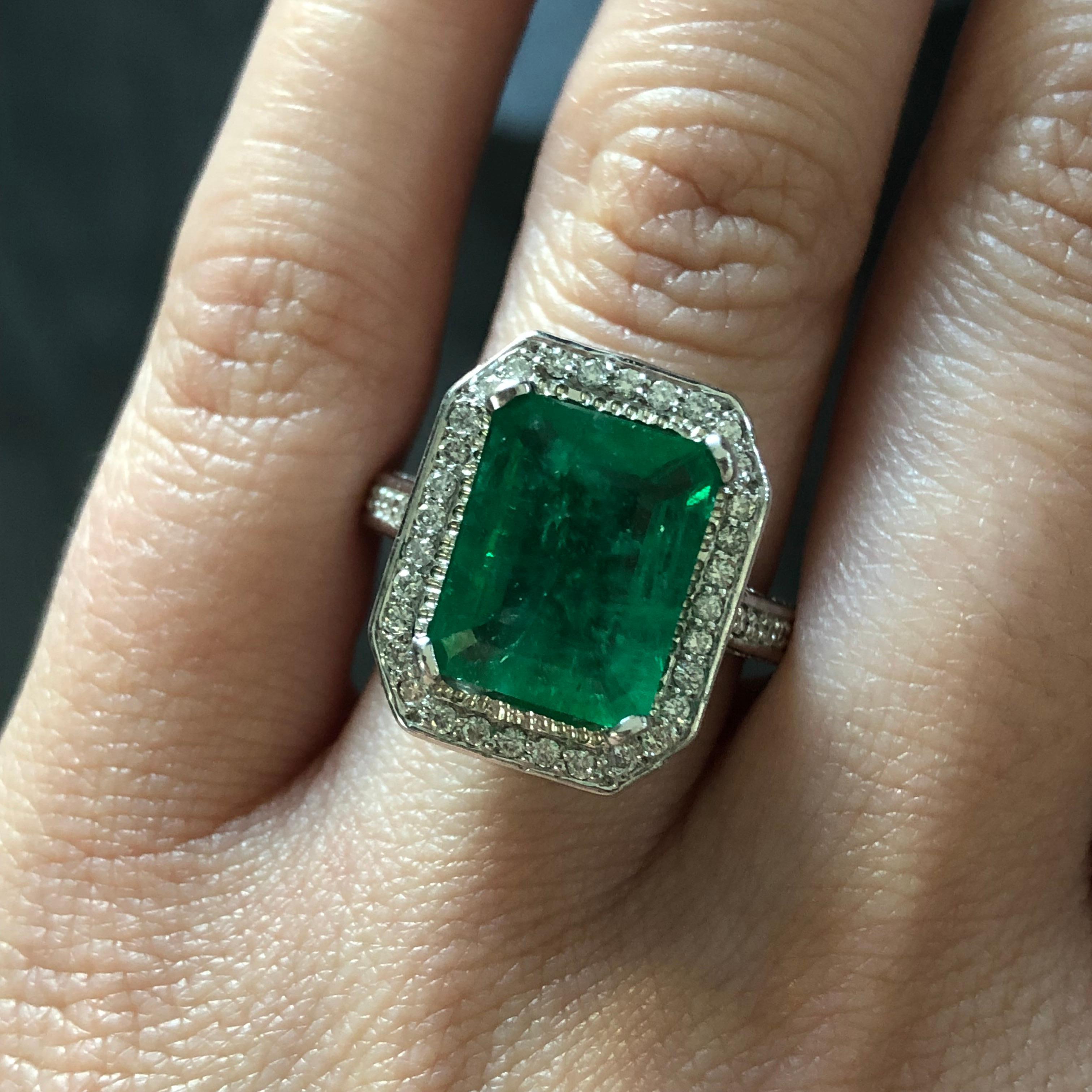 Women's 4.16 Carat Emerald and Round Brilliant Diamond Pave Engagement Ring