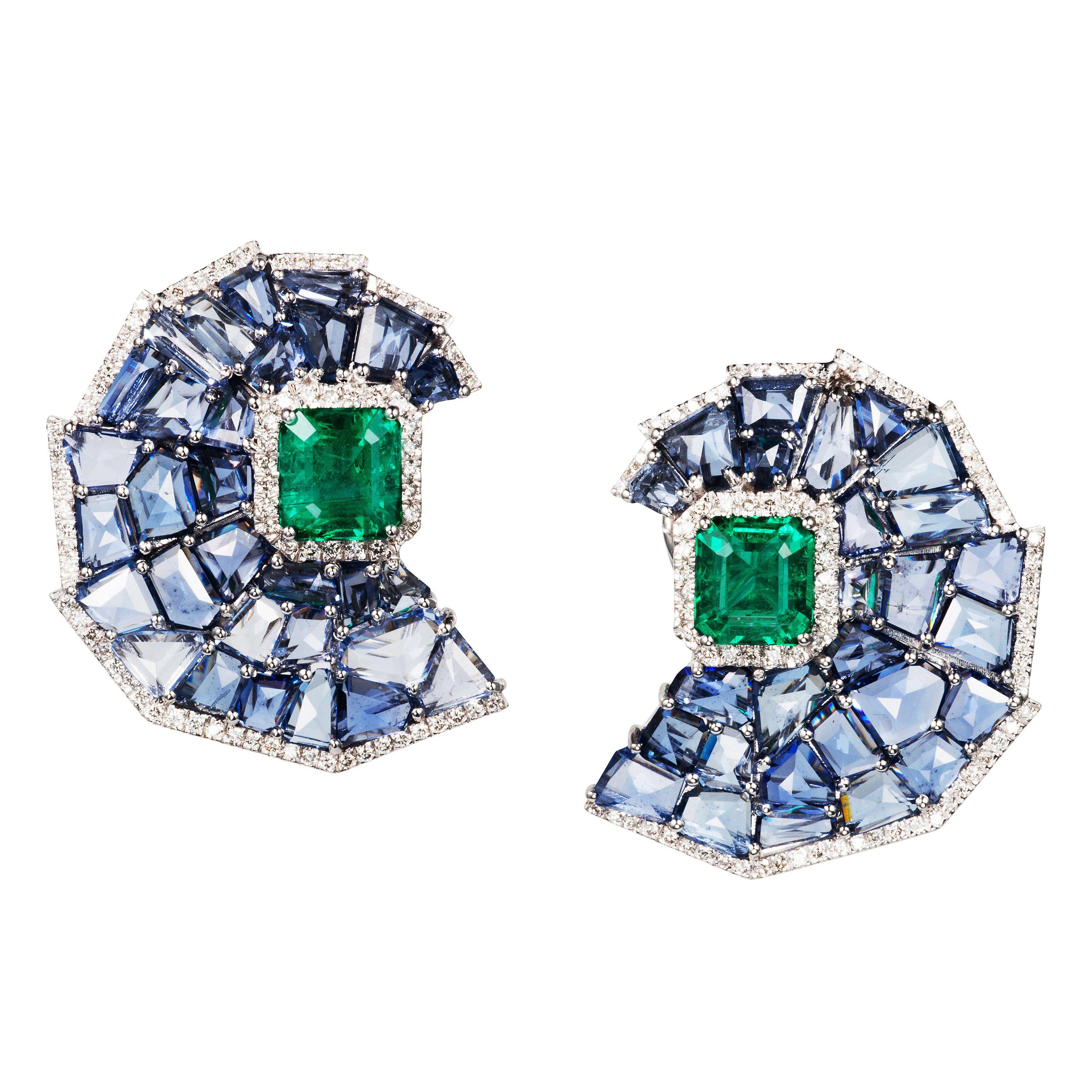 Manpriya B 4.16ct Emerald, Blue Sapphire, White Diamond Crescent Mosaic Earrings For Sale