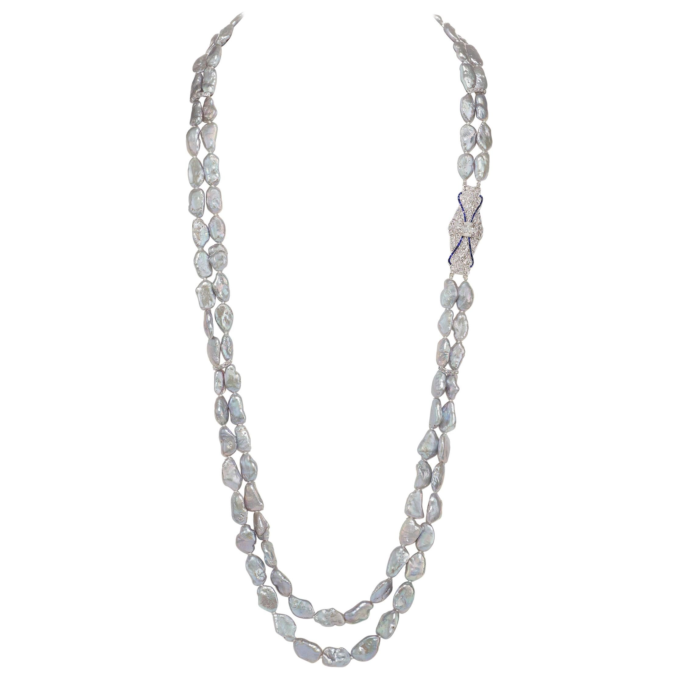 4.16 Carat French Cut Sapphire, Diamond, and Freshwater Pearl Necklace Platinum
