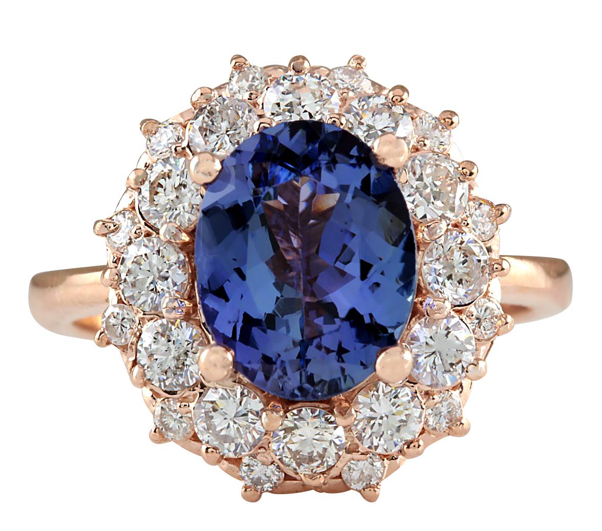 Natural Tanzanite Diamond Ring In 14 Karat Rose Gold  In New Condition For Sale In Los Angeles, CA