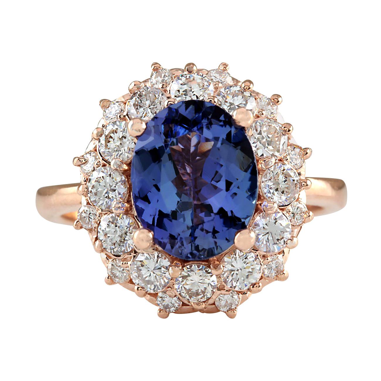 Bague en or rose 14 carats avec tanzanite naturelle et diamants 