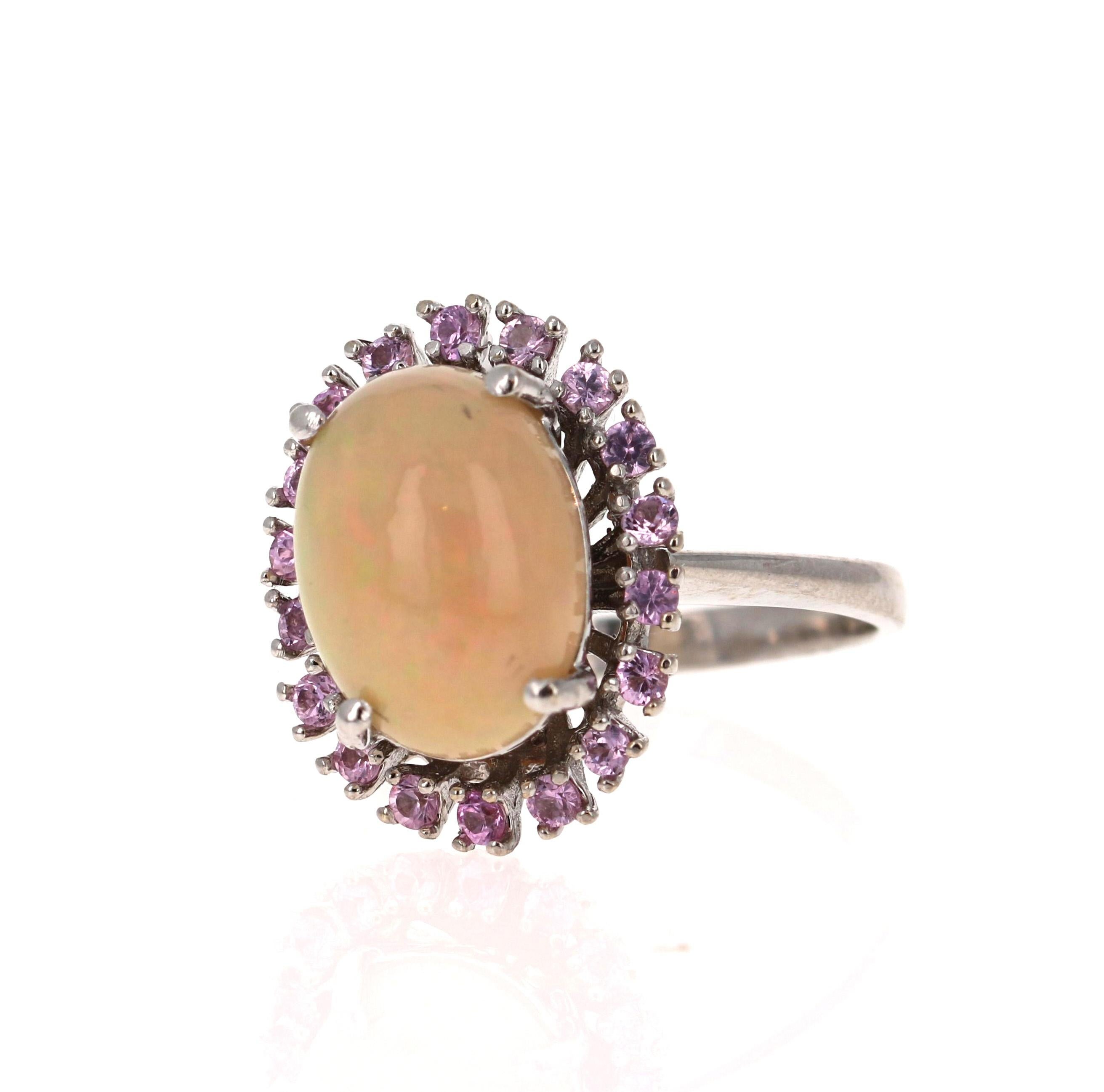 Contemporary 4.16 Carat Opal and Pink Sapphire 14 Karat White Gold Cocktail Ring For Sale