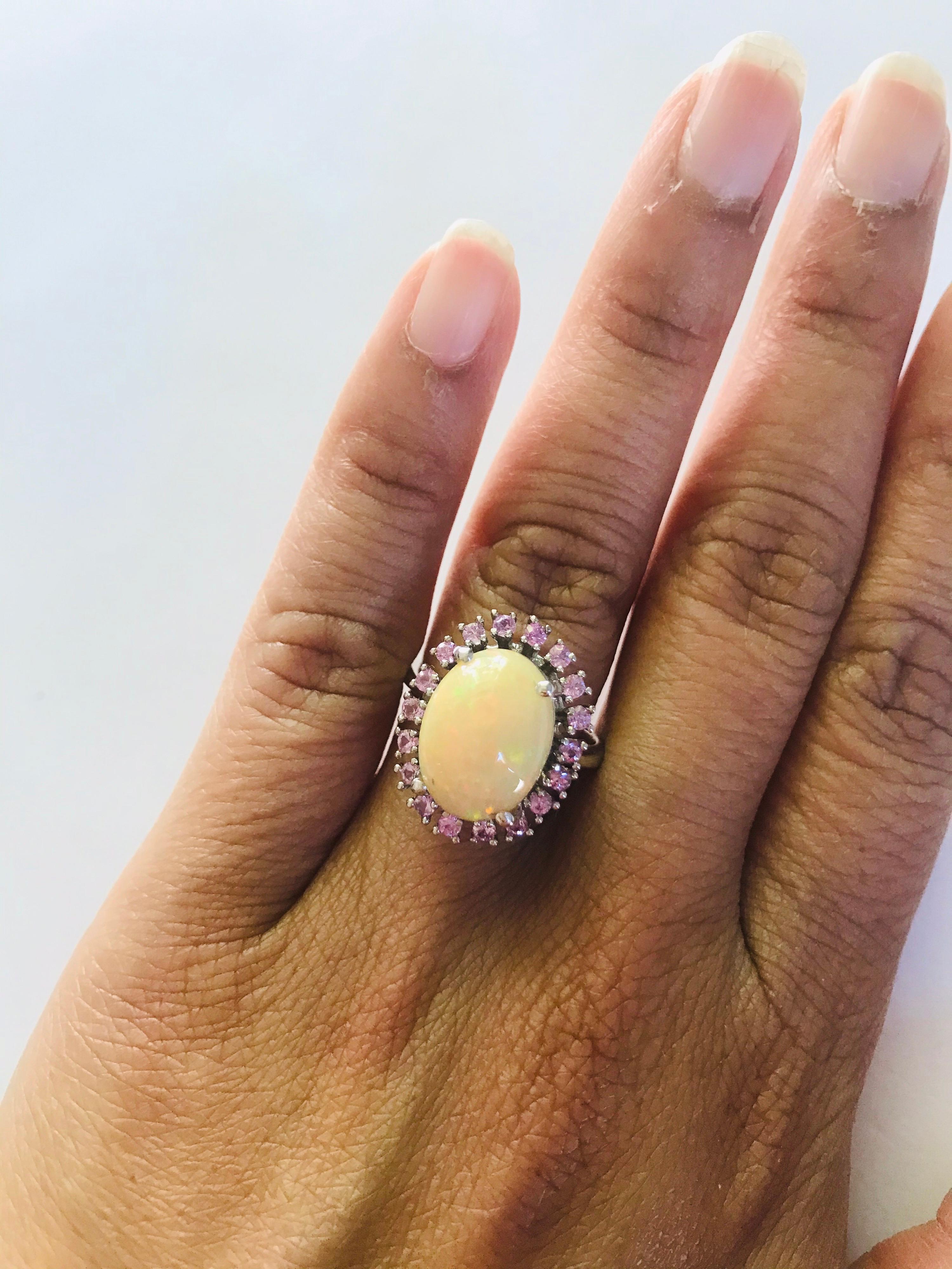 4.16 Carat Opal and Pink Sapphire 14 Karat White Gold Cocktail Ring In New Condition For Sale In Los Angeles, CA