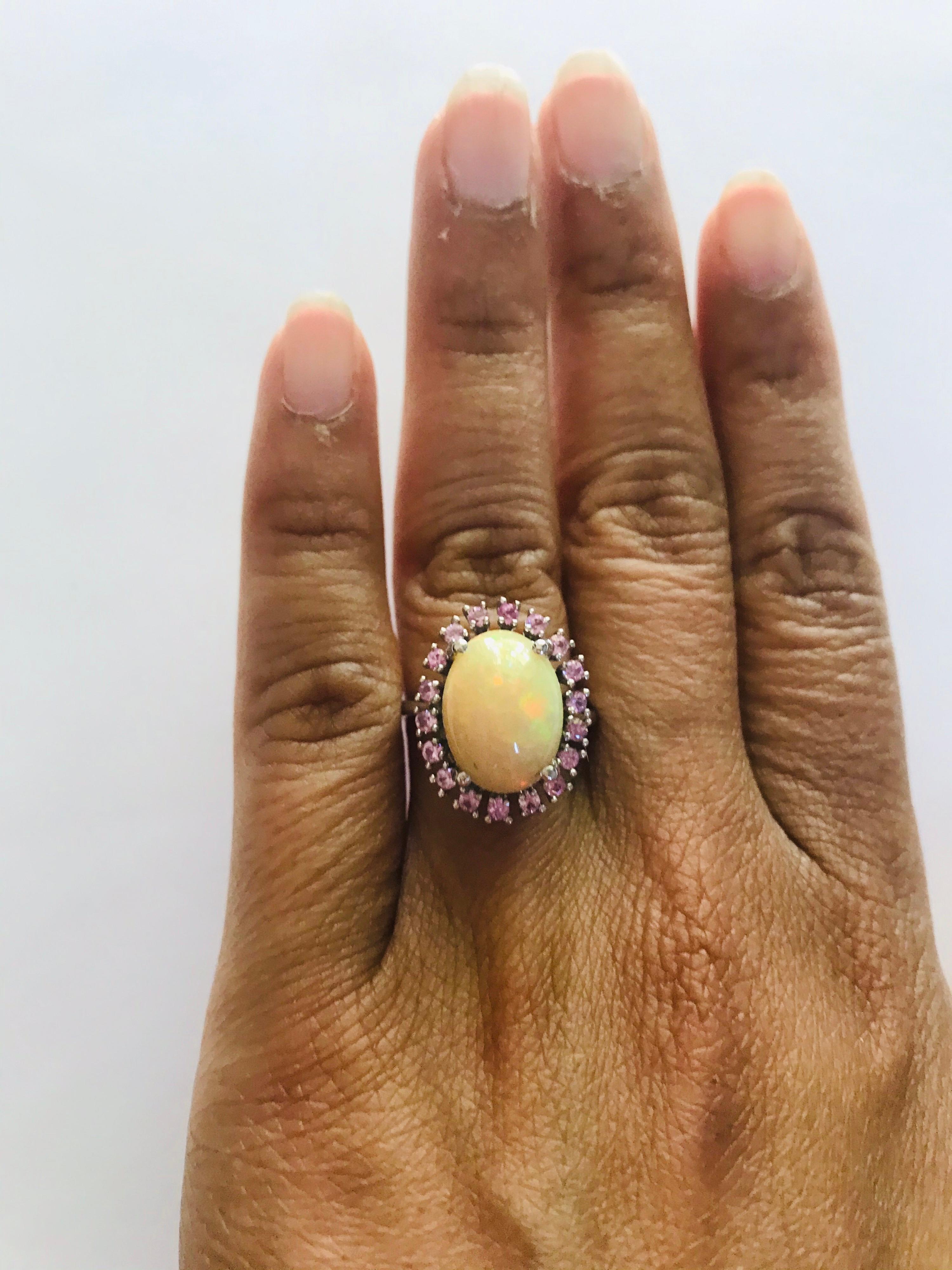 Women's 4.16 Carat Opal and Pink Sapphire 14 Karat White Gold Cocktail Ring For Sale