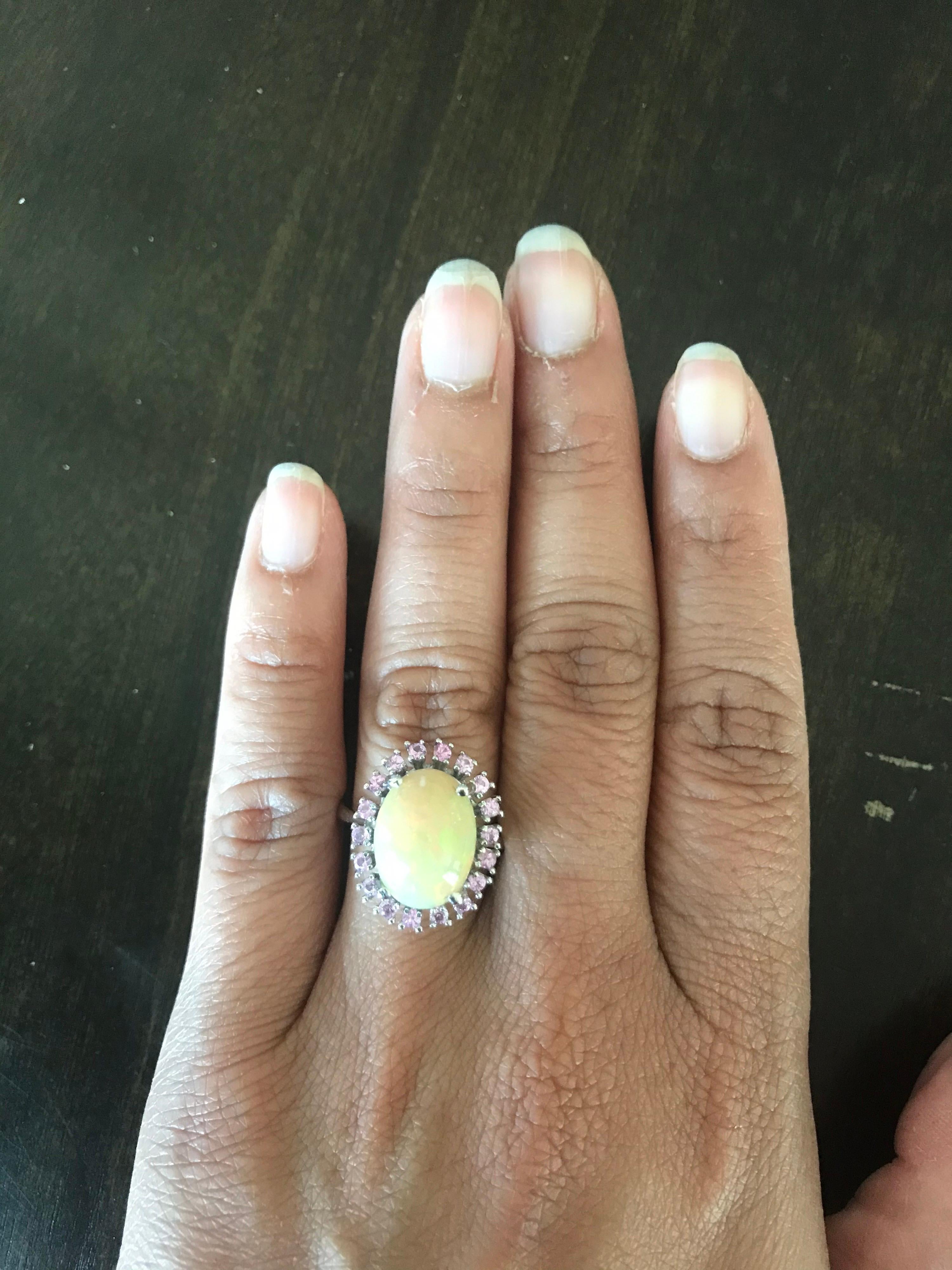 4.16 Carat Opal and Pink Sapphire 14 Karat White Gold Cocktail Ring For Sale 1