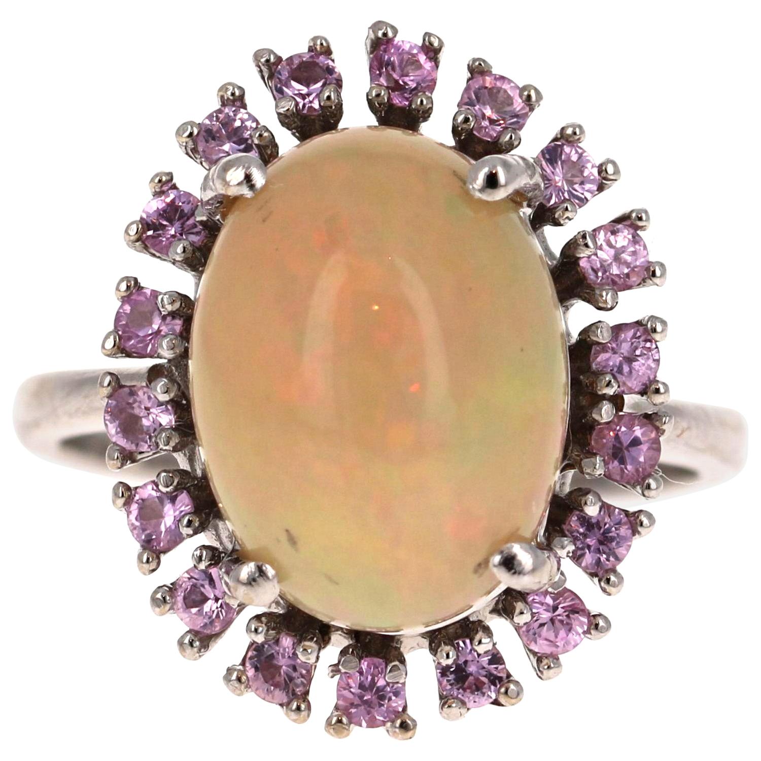 4.16 Carat Opal and Pink Sapphire 14 Karat White Gold Cocktail Ring For Sale