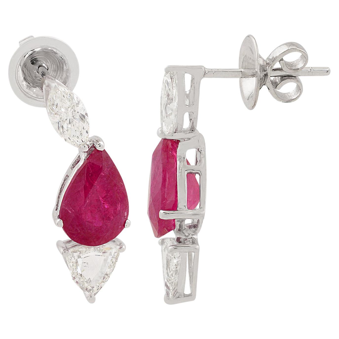 4.16 Carat Pear Ruby Earrings 1.2 Carat Marquise Trillion Diamond 18k White Gold
