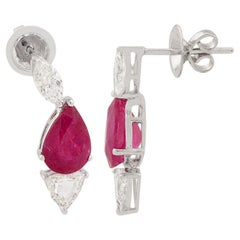 4.16 Carat Pear Ruby Earrings 1.2 Carat Marquise Trillion Diamond 18k White Gold