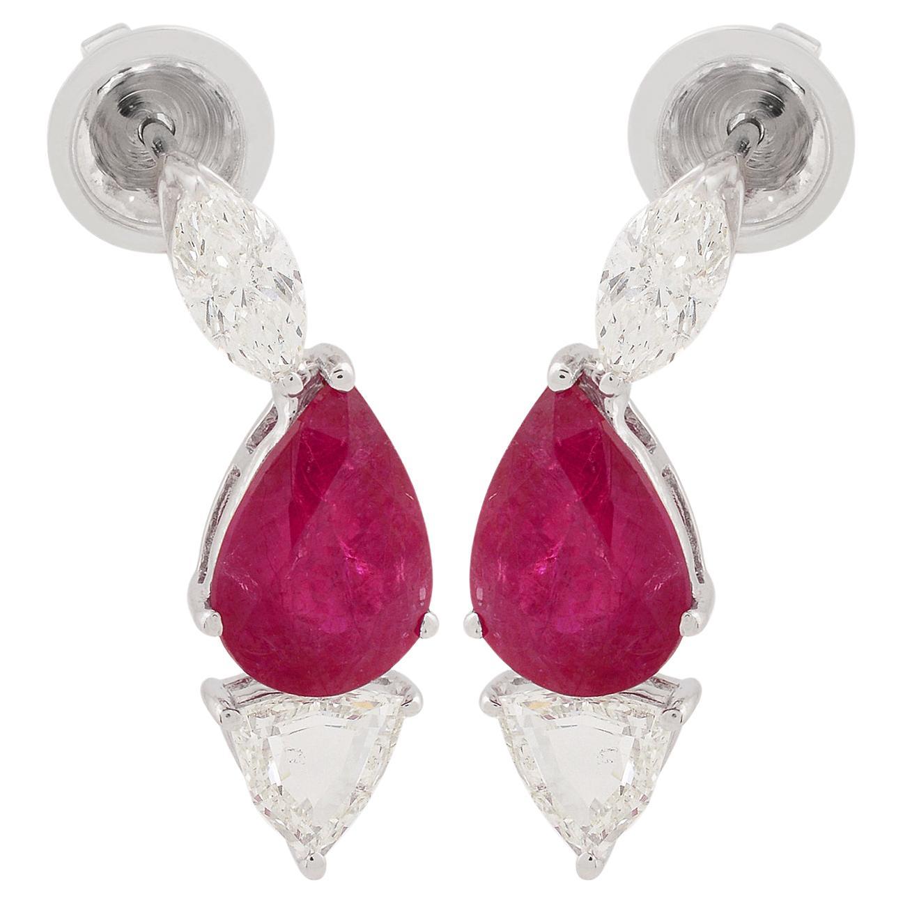 4.16 Carat Pear Ruby Earrings 1.2 Carat Marquise Trillion Diamond 18k White Gold