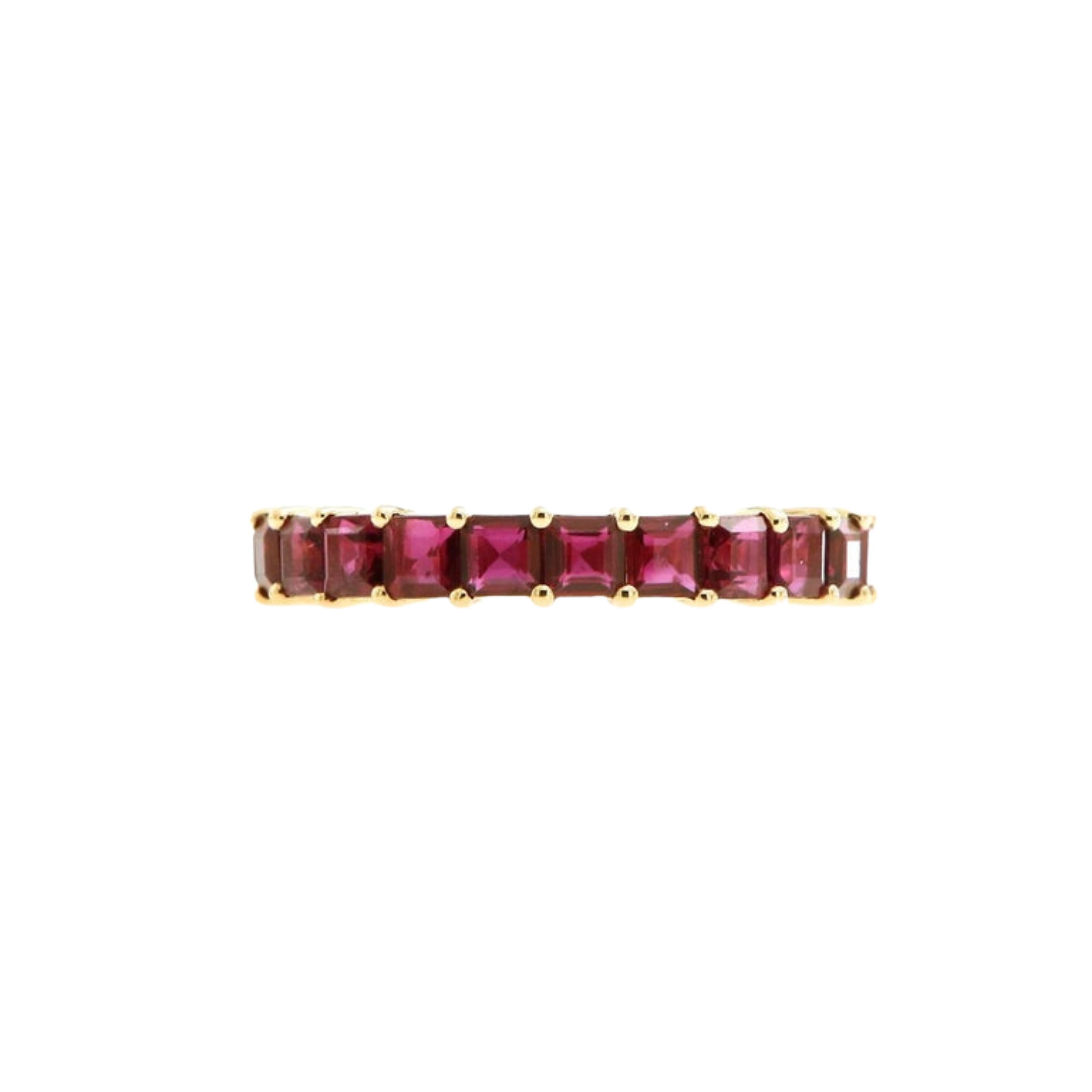 This eternity band is made from 18k yellow gold and carefully selected clean heated rubies from Thailand. The rubies are 2.9mm in size totalling 4.16 carats and is delicately set into a high polished eternity band setting. 

This ring is in a size