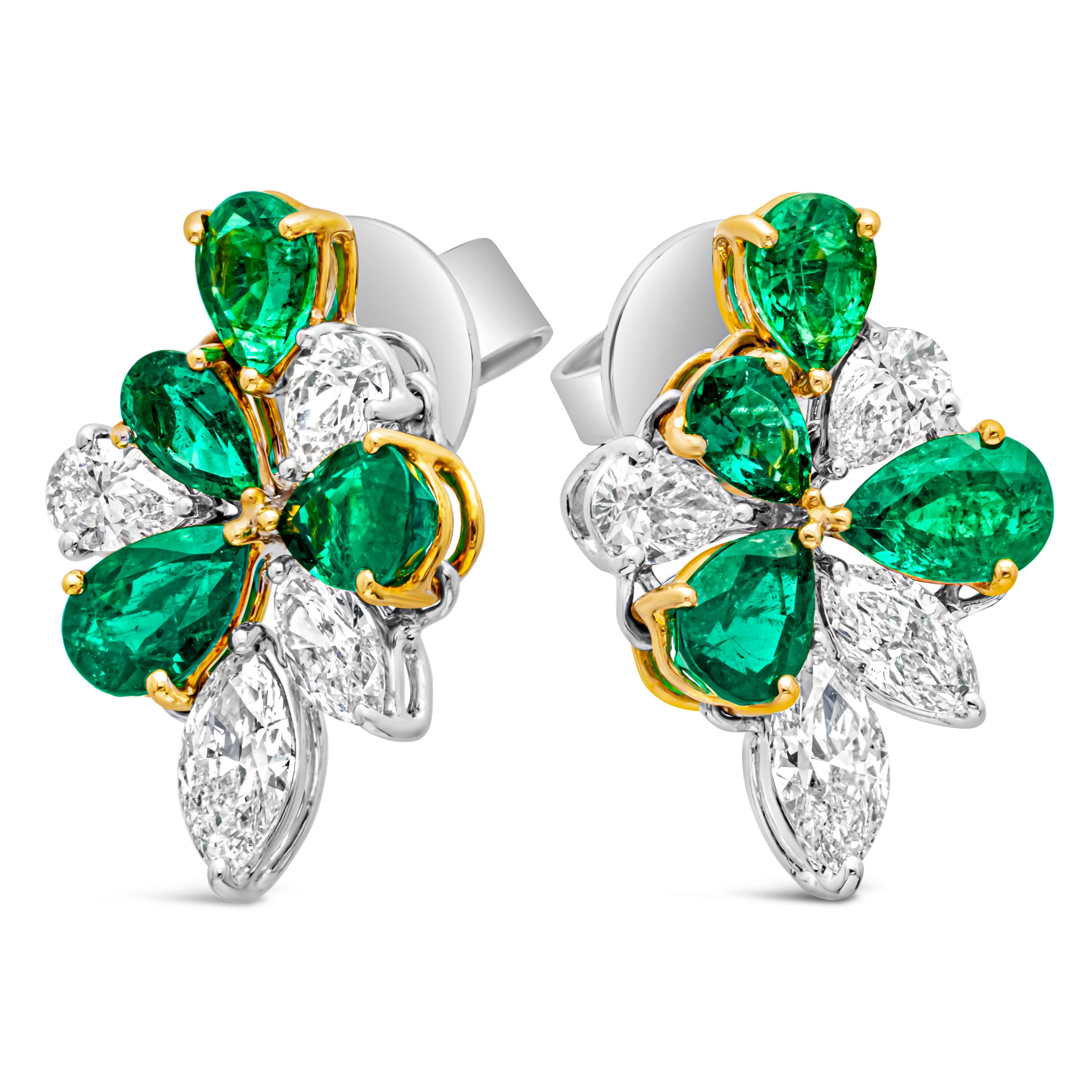 Contemporary 4.16 Carats Total Marquise and Pear Shape Green Emerald & Diamond Stud Earrings For Sale