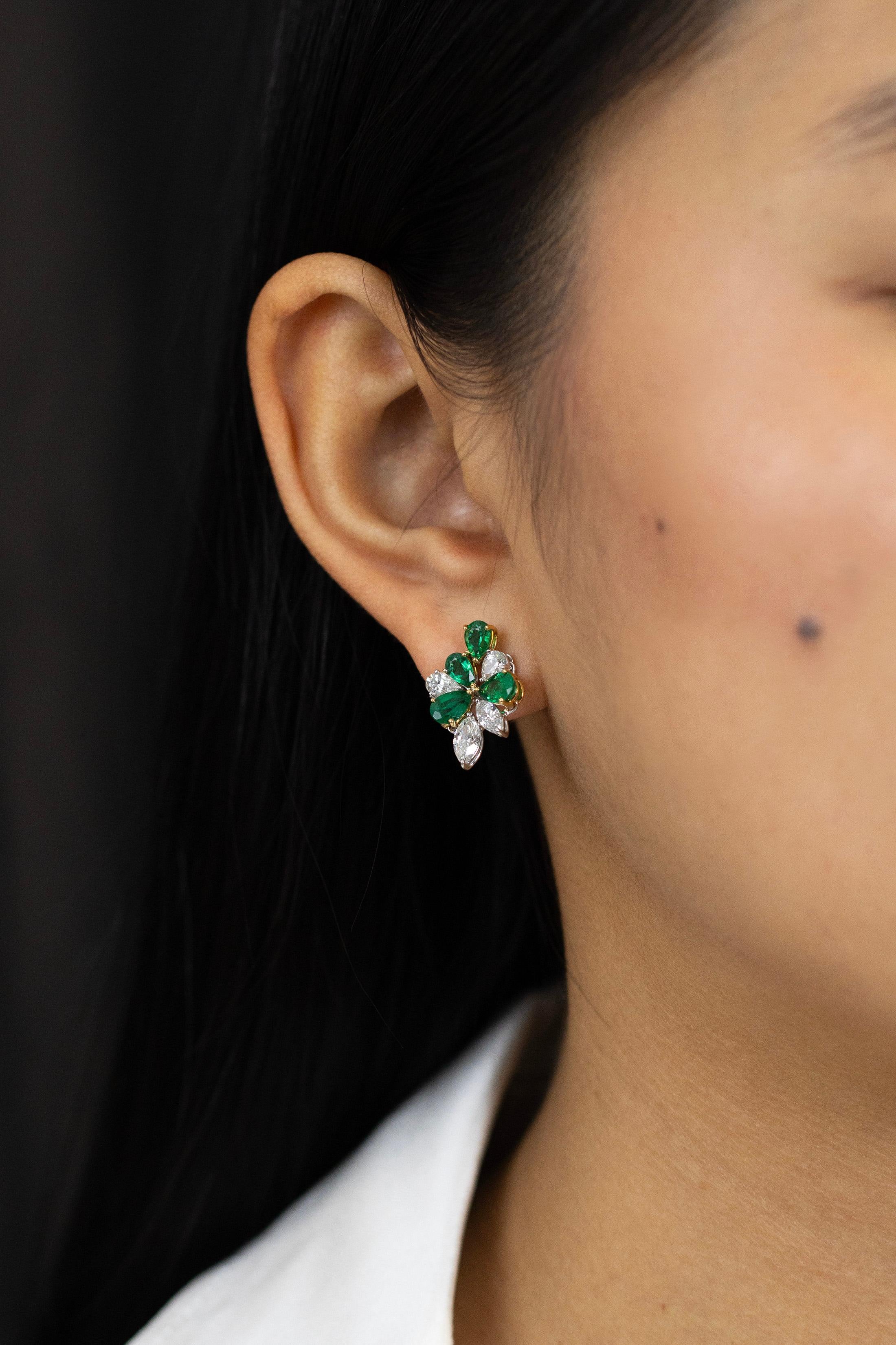 4.16 Carats Total Marquise and Pear Shape Green Emerald & Diamond Stud Earrings In New Condition For Sale In New York, NY