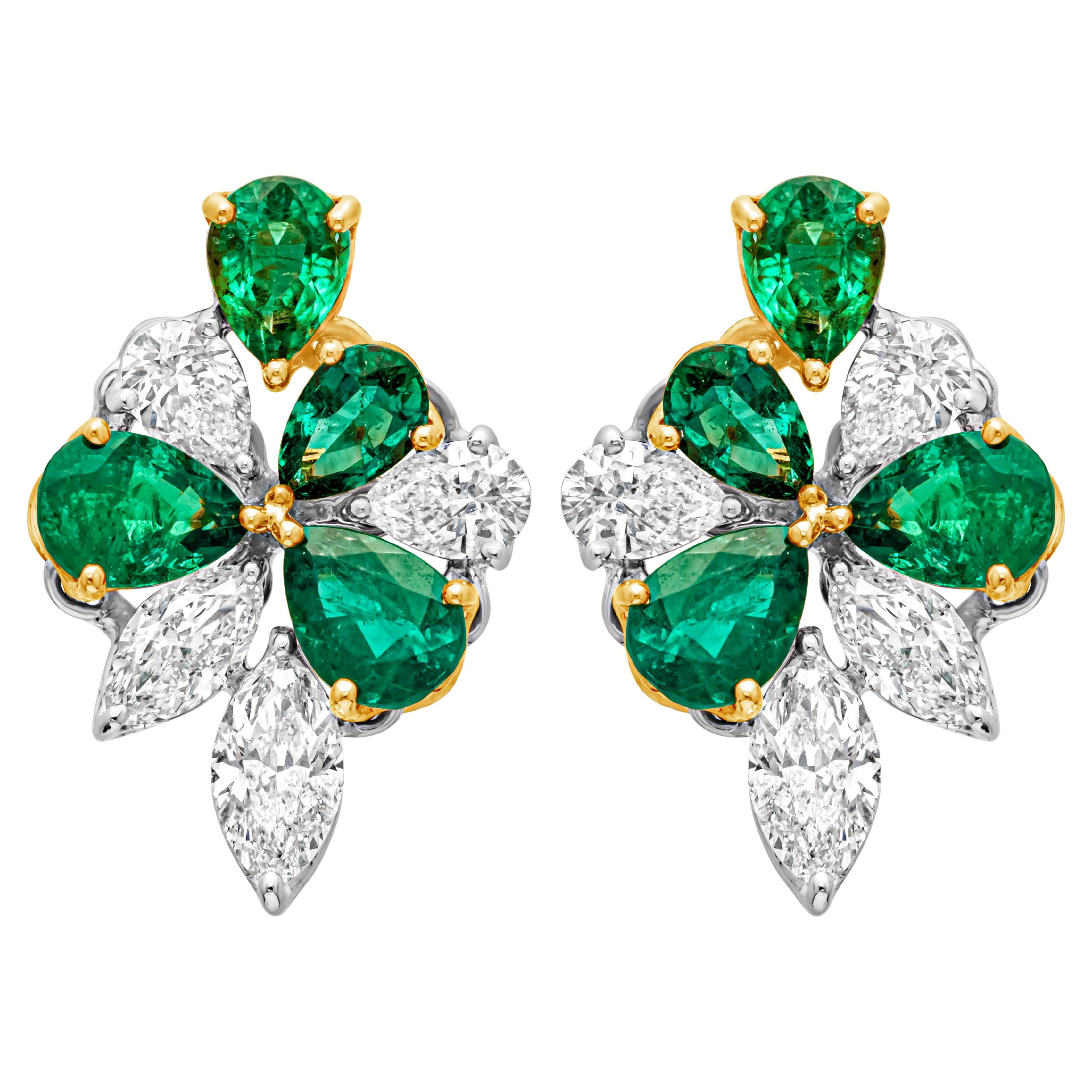 4.16 Carats Total Marquise and Pear Shape Green Emerald & Diamond Stud Earrings For Sale