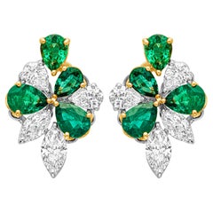 4.16 Carats Total Marquise and Pear Shape Green Emerald & Diamond Stud Earrings