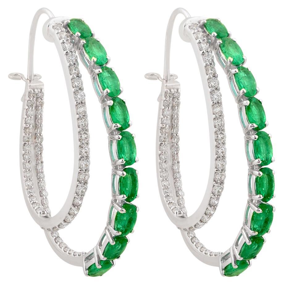 4.16 Carats Zambian Emerald Diamond 14 Karat Gold Double Hoop Earrings For Sale