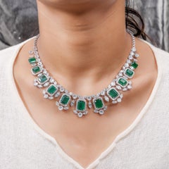 41.64 TCW Zambian Emerald Diamond Choker Necklace 18 Karat White Gold Jewelry