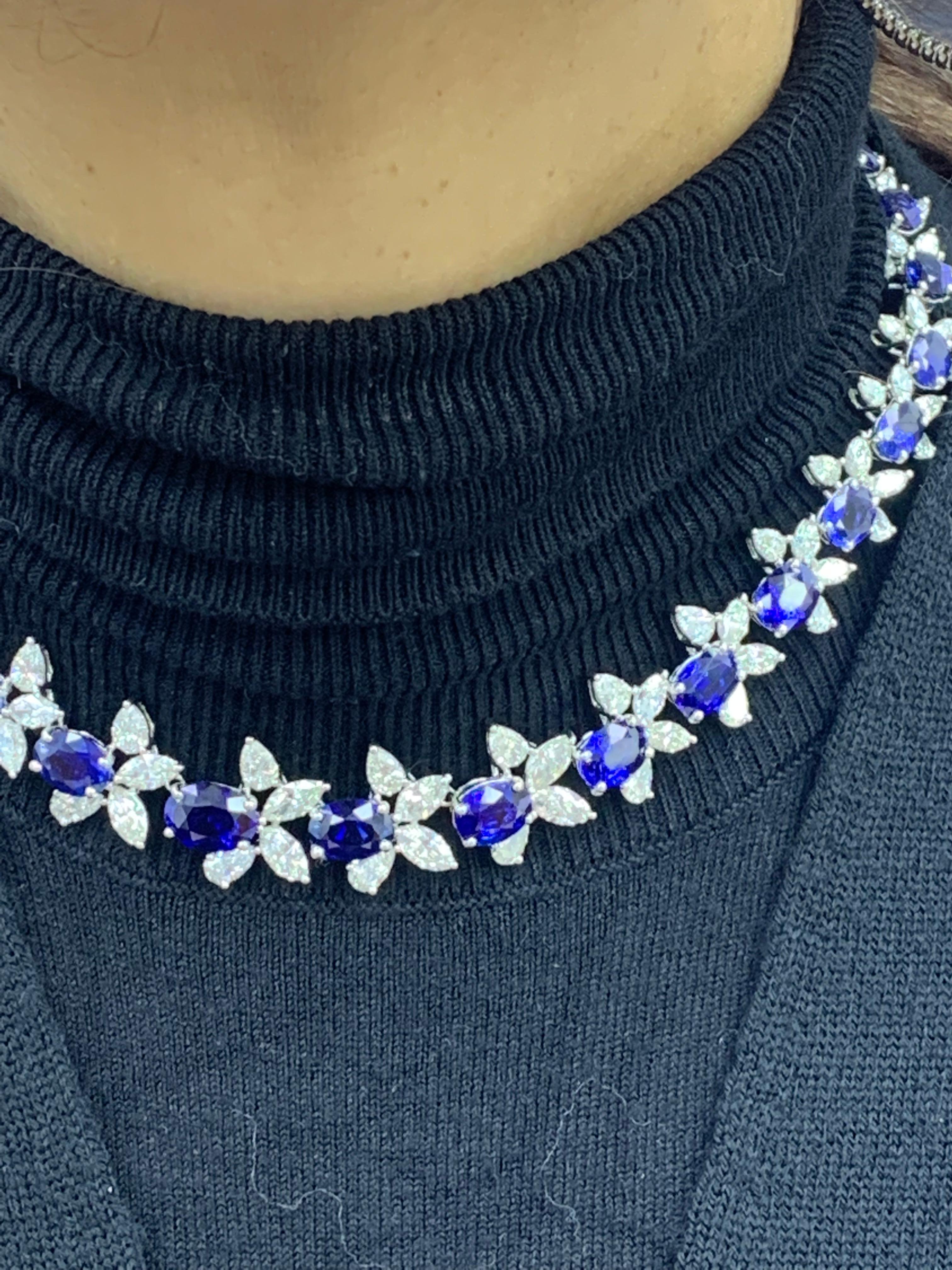 41.68 Carat Oval Cut Blue Sapphire and Diamond Necklace in Platinum For Sale 7