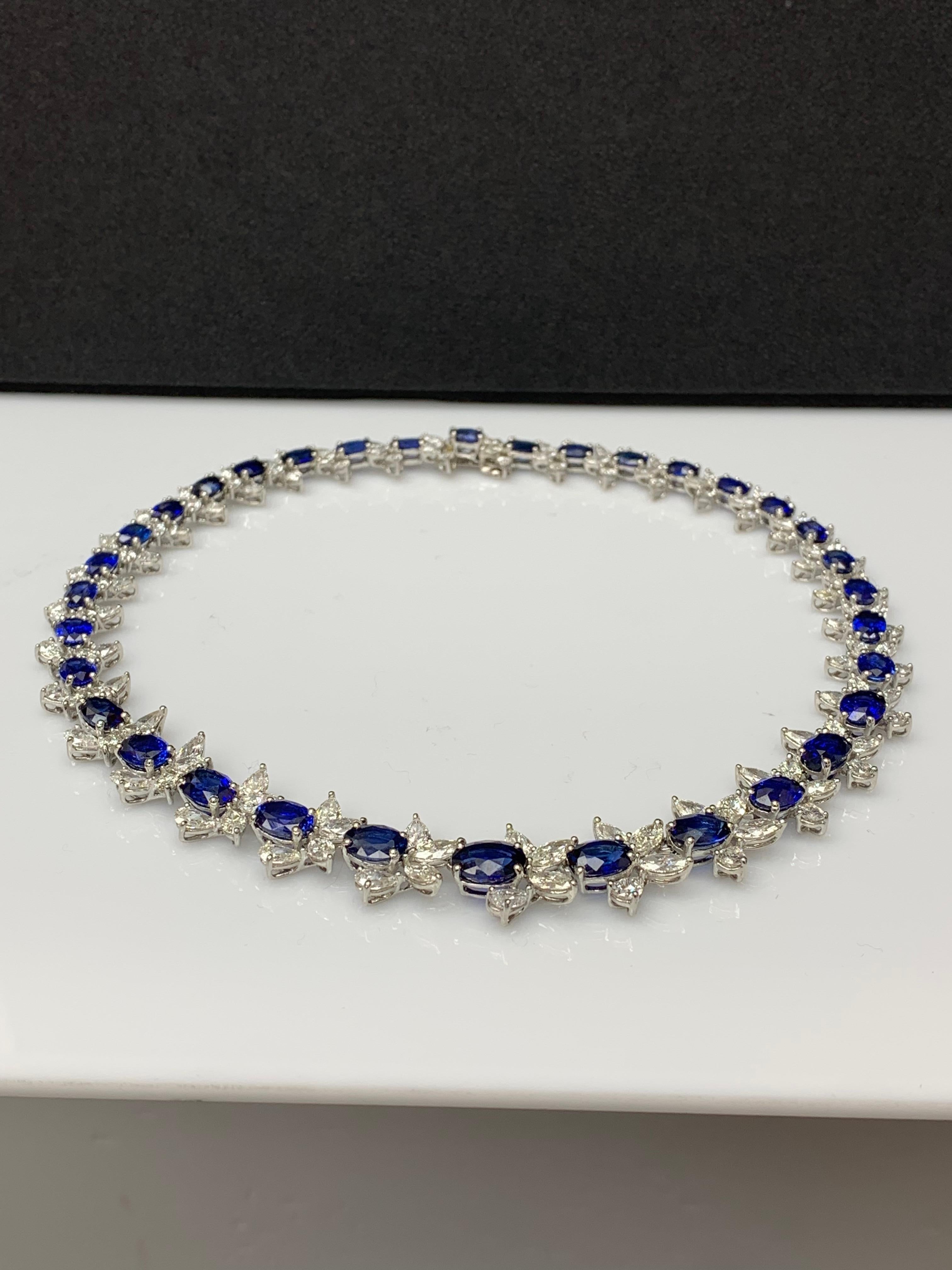 Mixed Cut 41.68 Carat Oval Cut Blue Sapphire and Diamond Necklace in Platinum For Sale