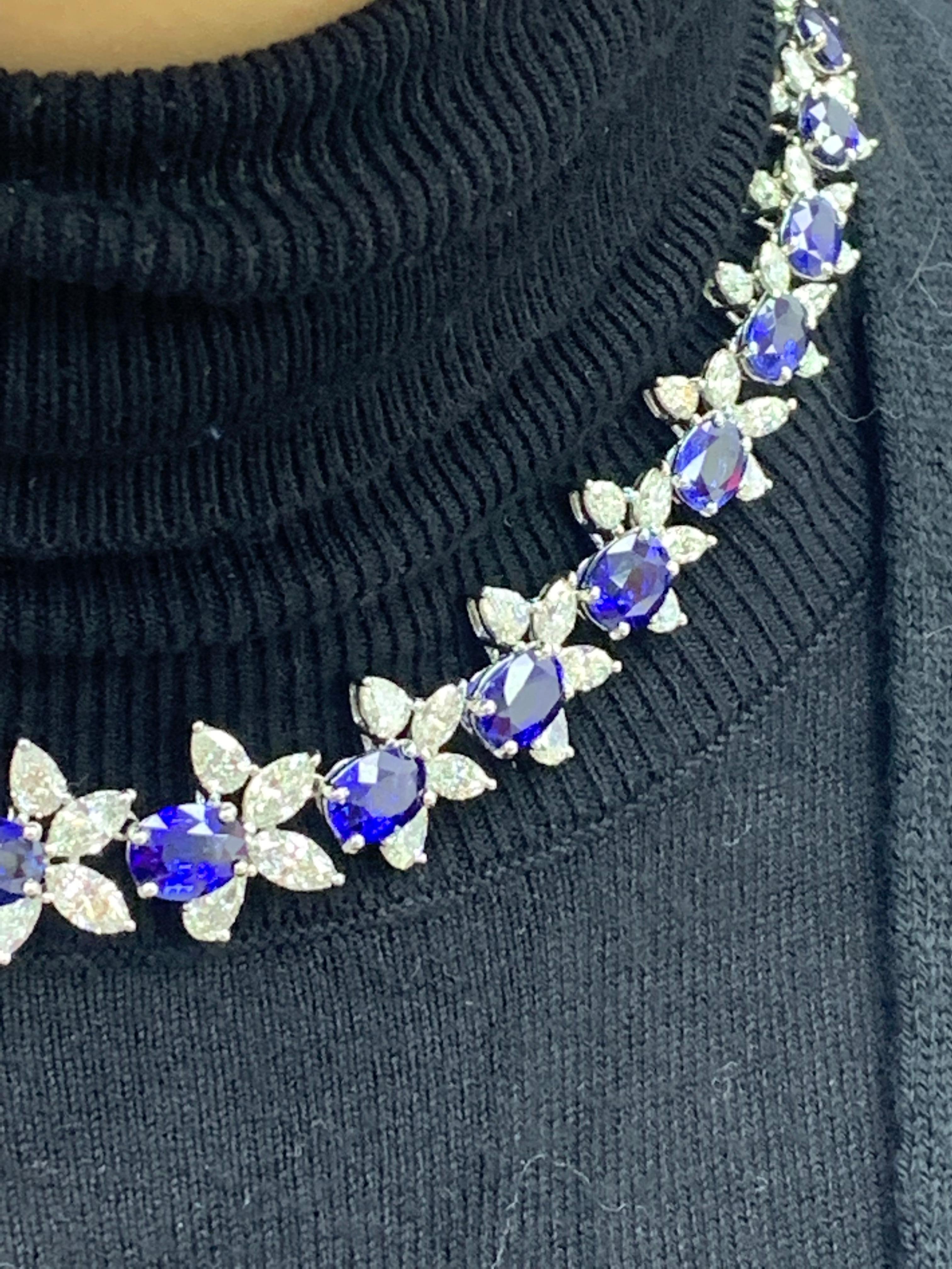 41.68 Carat Oval Cut Blue Sapphire and Diamond Necklace in Platinum For Sale 2