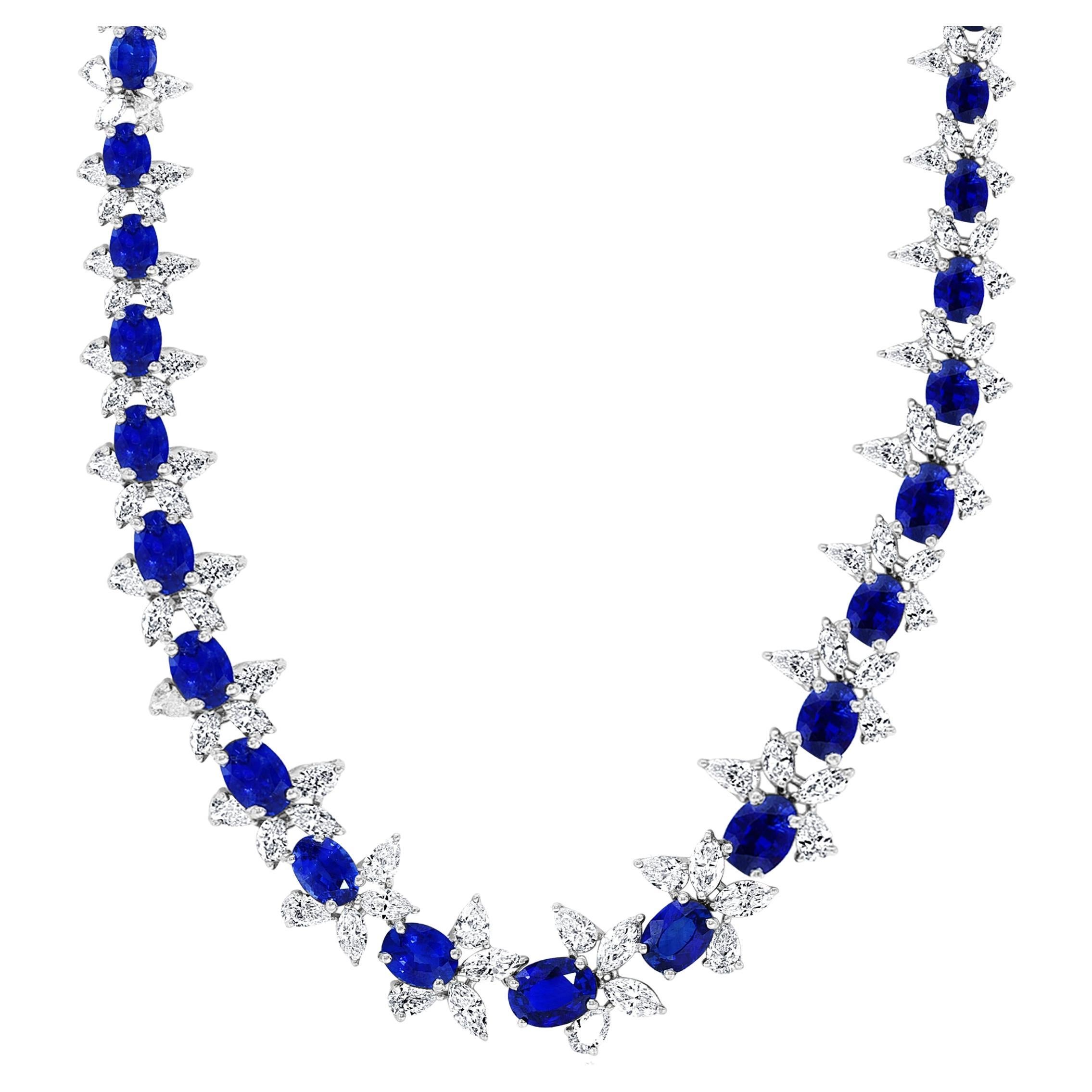 41.68 Carat Oval Cut Blue Sapphire and Diamond Necklace in Platinum For Sale