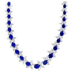 41.68 Carat Oval Cut Blue Sapphire and Diamond Necklace in Platinum