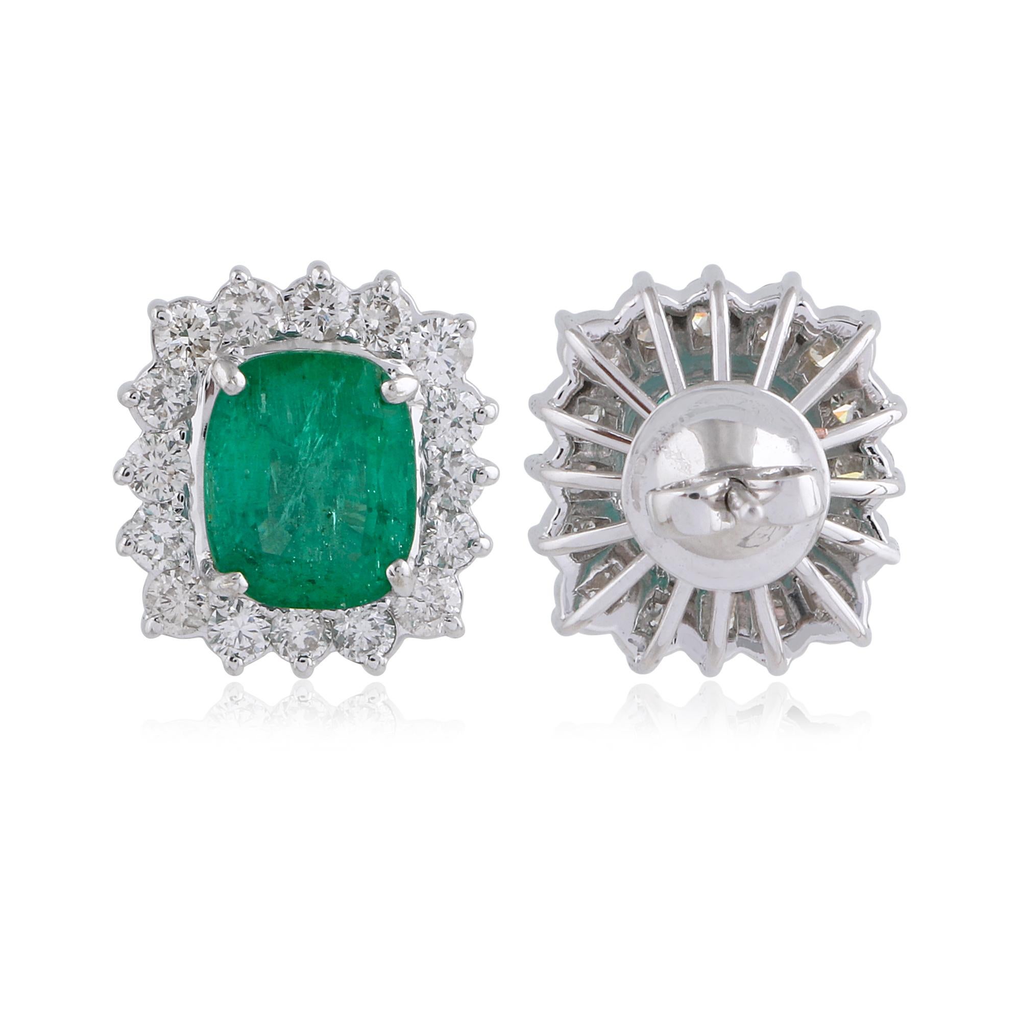 Taille coussin 4.16ct Cushion Zambian Emerald 1.40ct Diamond Halo Stud Earrings 18k White Gold en vente