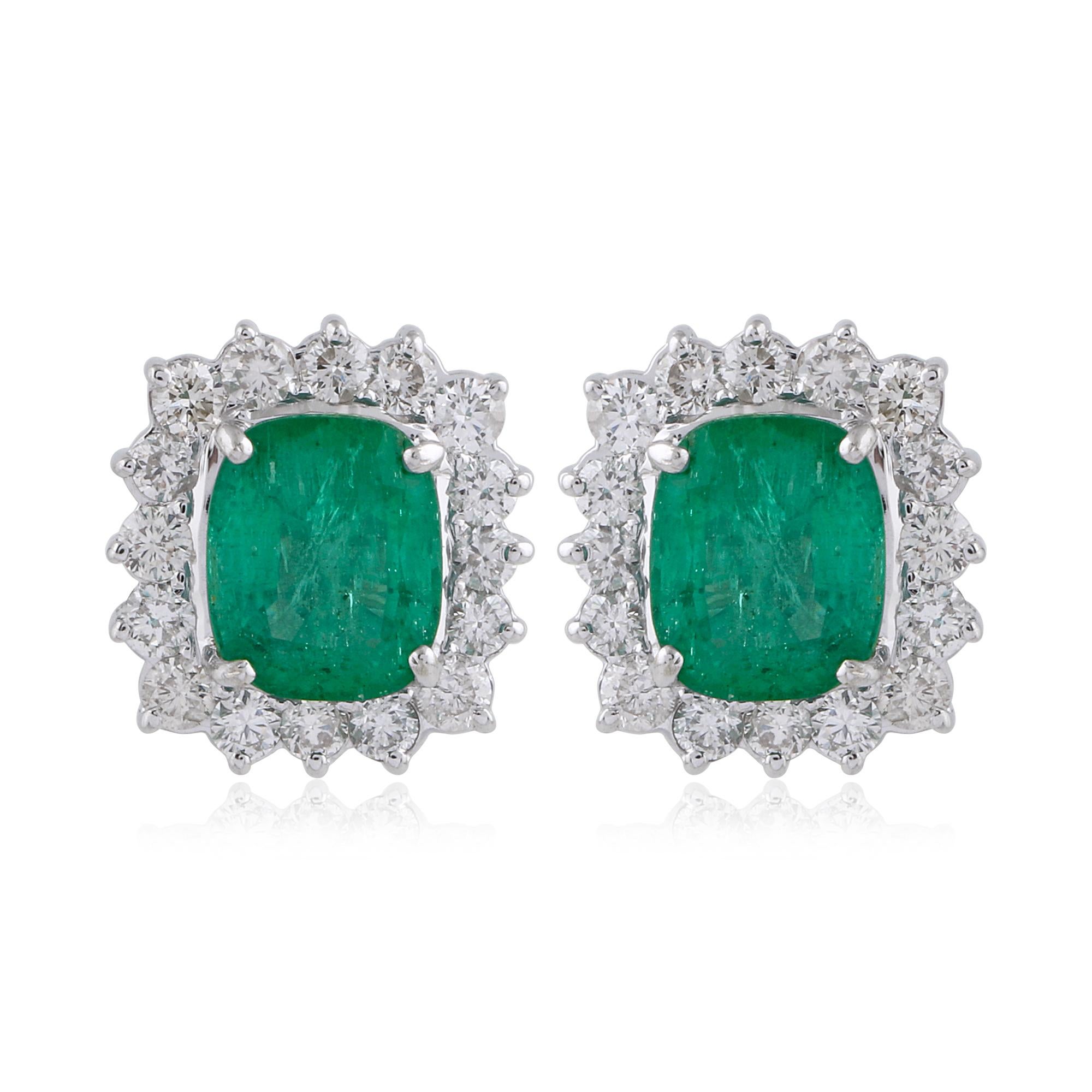 4.16ct Cushion Zambian Emerald 1.40ct Diamond Halo Stud Earrings 18k White Gold Pour femmes en vente