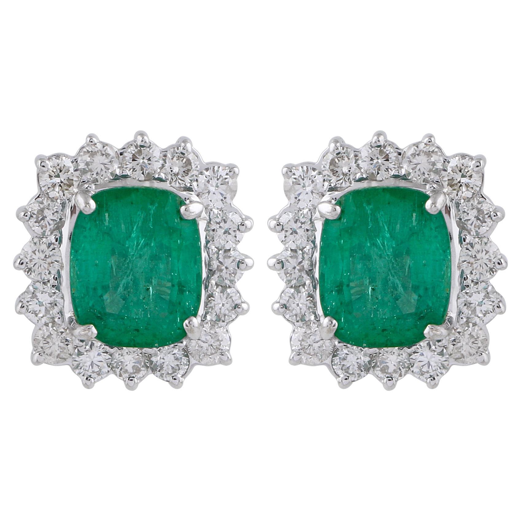 4.16ct Cushion Zambian Emerald 1.40ct Diamond Halo Stud Earrings 18k White Gold en vente