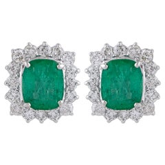 4.16ct Cushion Zambian Emerald 1.40ct Diamond Halo Stud Earrings 18k White Gold