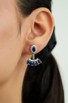 4.16ct Natural Deep Blue Sapphire and Diamond Jacket Earrings in 14K White Gold