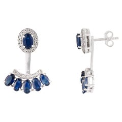 4.16ct Natural Deep Blue Sapphire and Diamond Jacket Earrings in 14K White Gold
