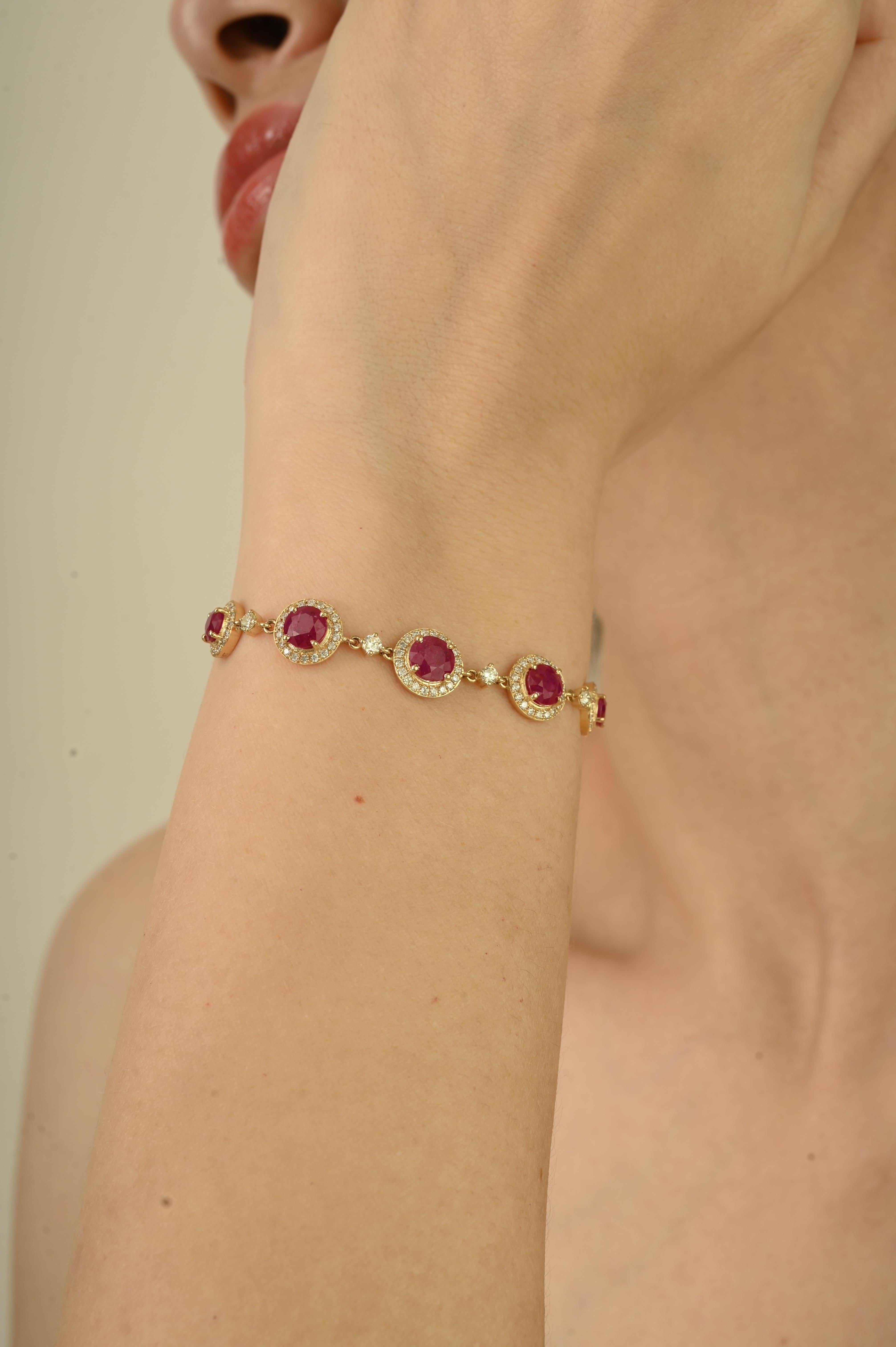 Bracciale Bolo regolabile con diamanti e rubini rotondi da 4,16 carati in oro giallo 14 carati in vendita 4
