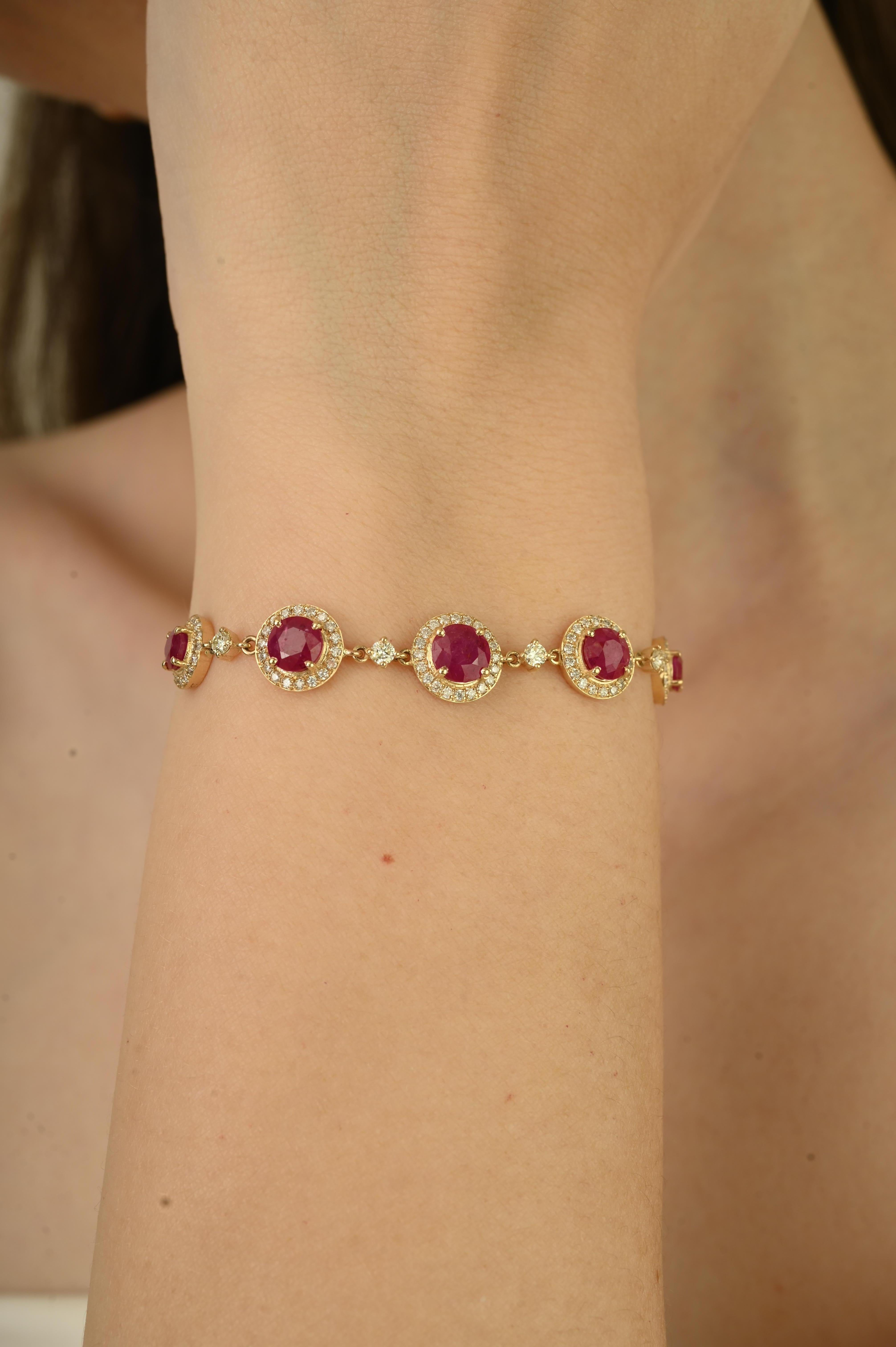 Taglio rotondo Bracciale Bolo regolabile con diamanti e rubini rotondi da 4,16 carati in oro giallo 14 carati in vendita