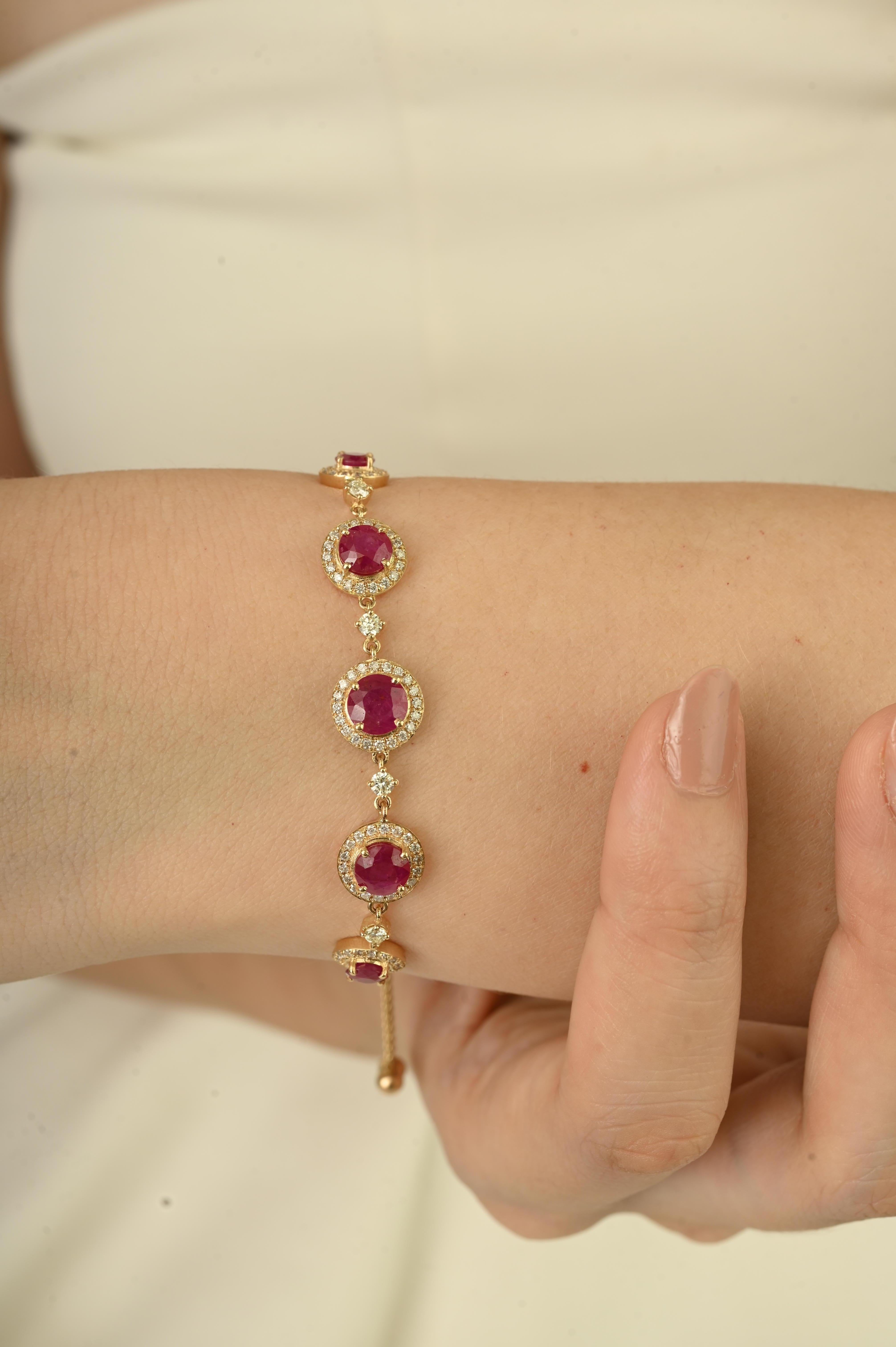 Donna Bracciale Bolo regolabile con diamanti e rubini rotondi da 4,16 carati in oro giallo 14 carati in vendita