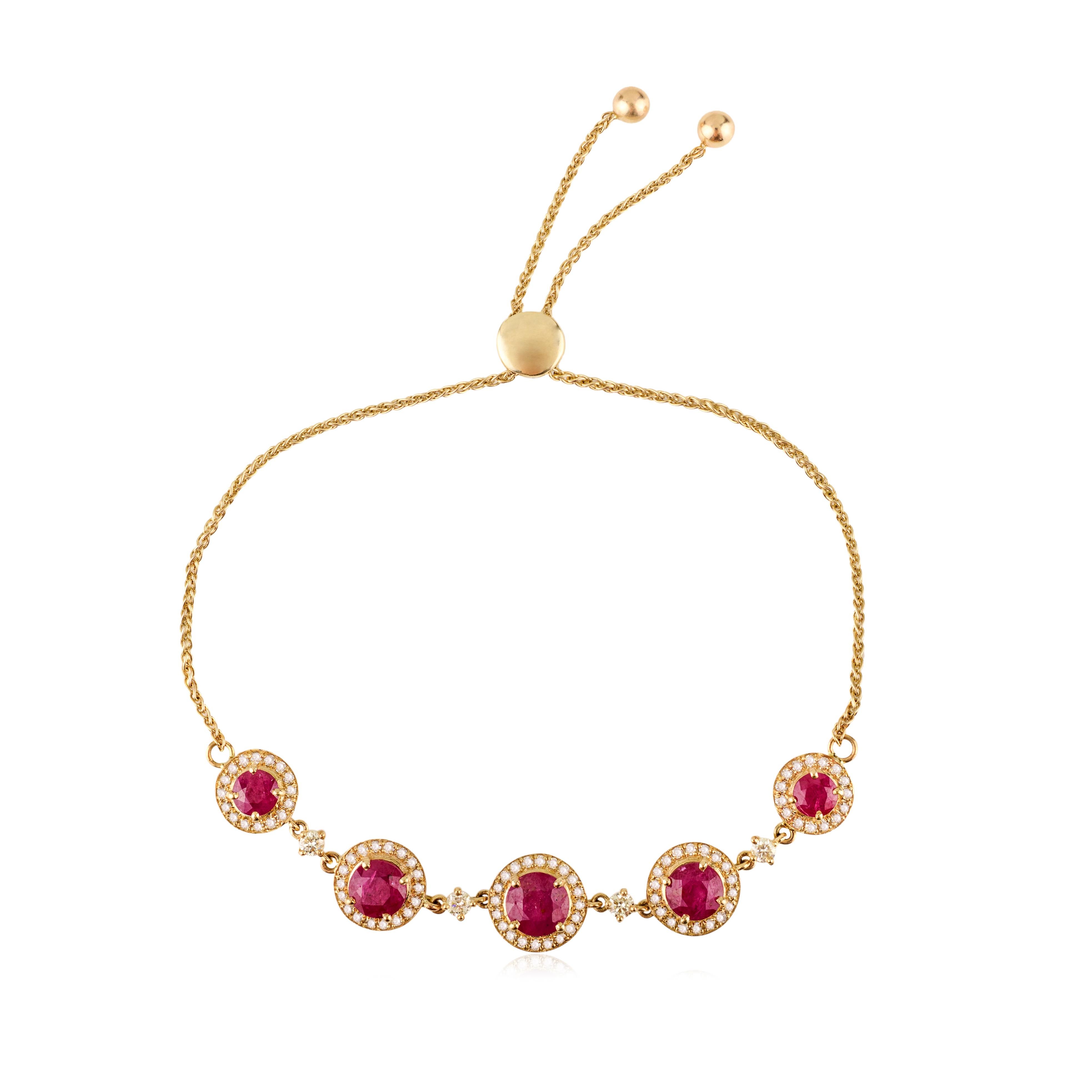 Bracciale Bolo regolabile con diamanti e rubini rotondi da 4,16 carati in oro giallo 14 carati in vendita 1