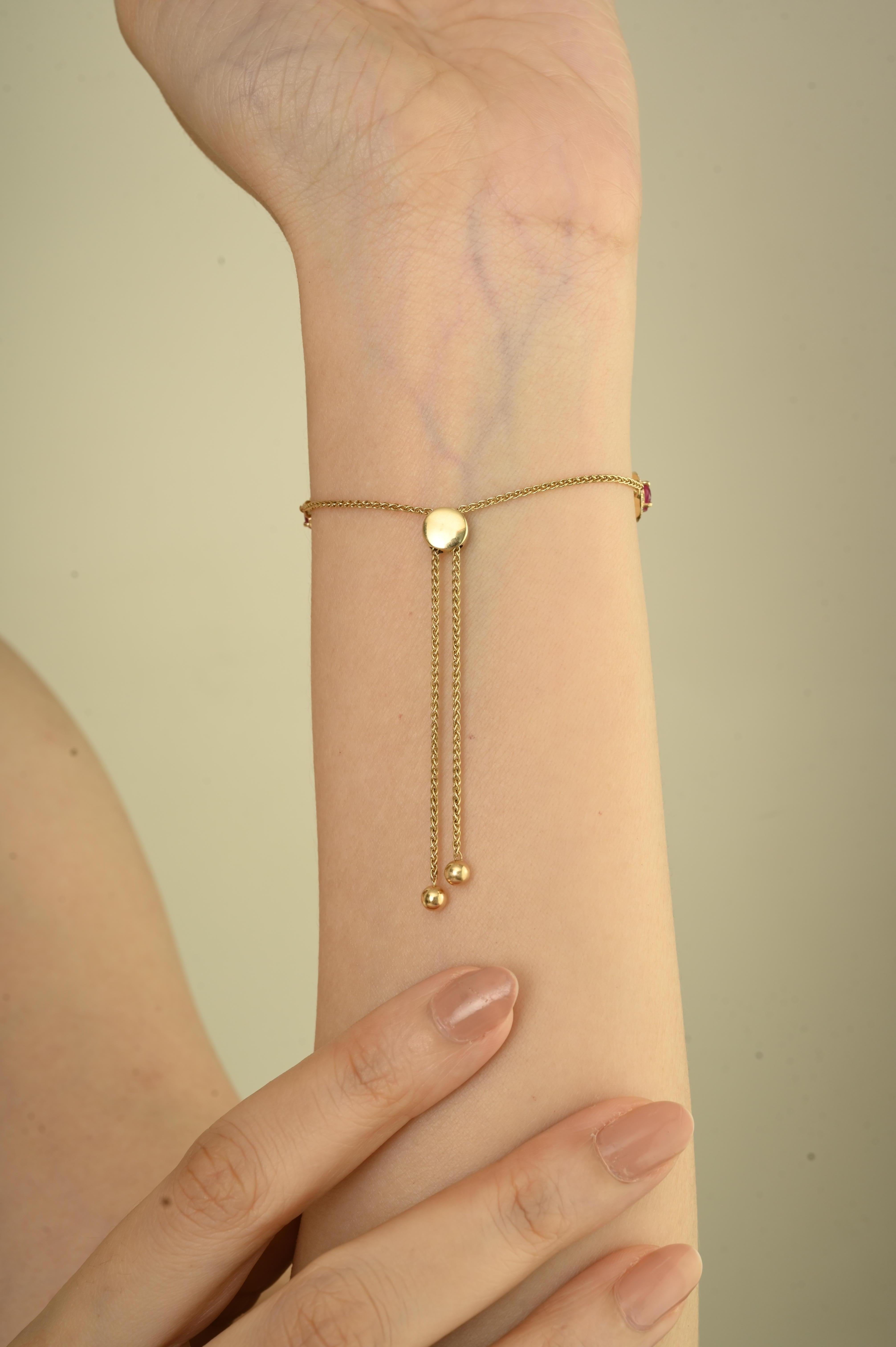Bracciale Bolo regolabile con diamanti e rubini rotondi da 4,16 carati in oro giallo 14 carati in vendita 2
