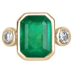 4.16tcw 18K Three Stone Colombian Emerald & Round Diamond Ring